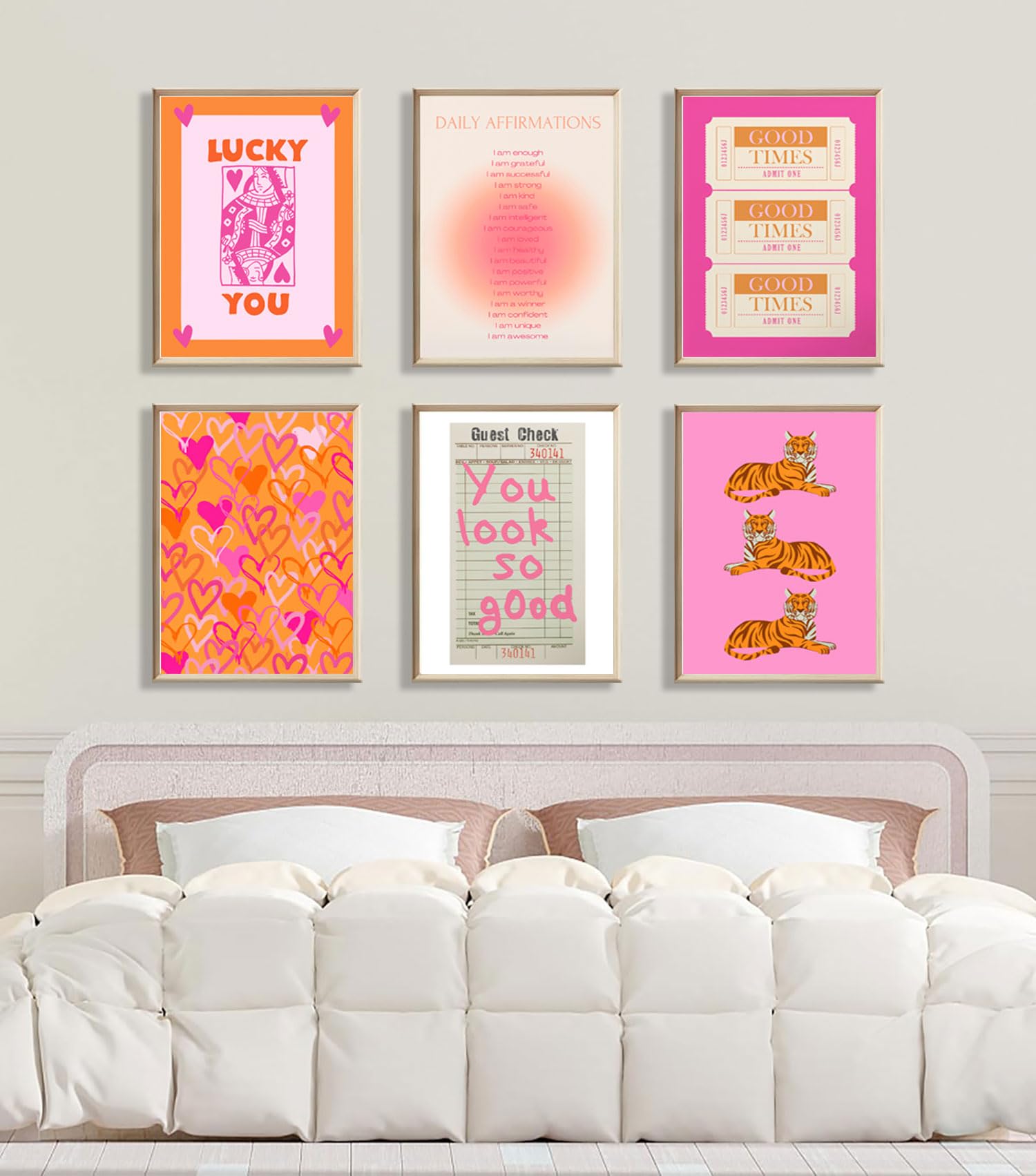 Pink and Orange Preppy Wall Art Queen Poker Halo Angel Digital Poster Tiger Heart You Look Good Yk2 Print Fashion Preppy Canvas Unframed Size: 8x10 inches 6 Pieces