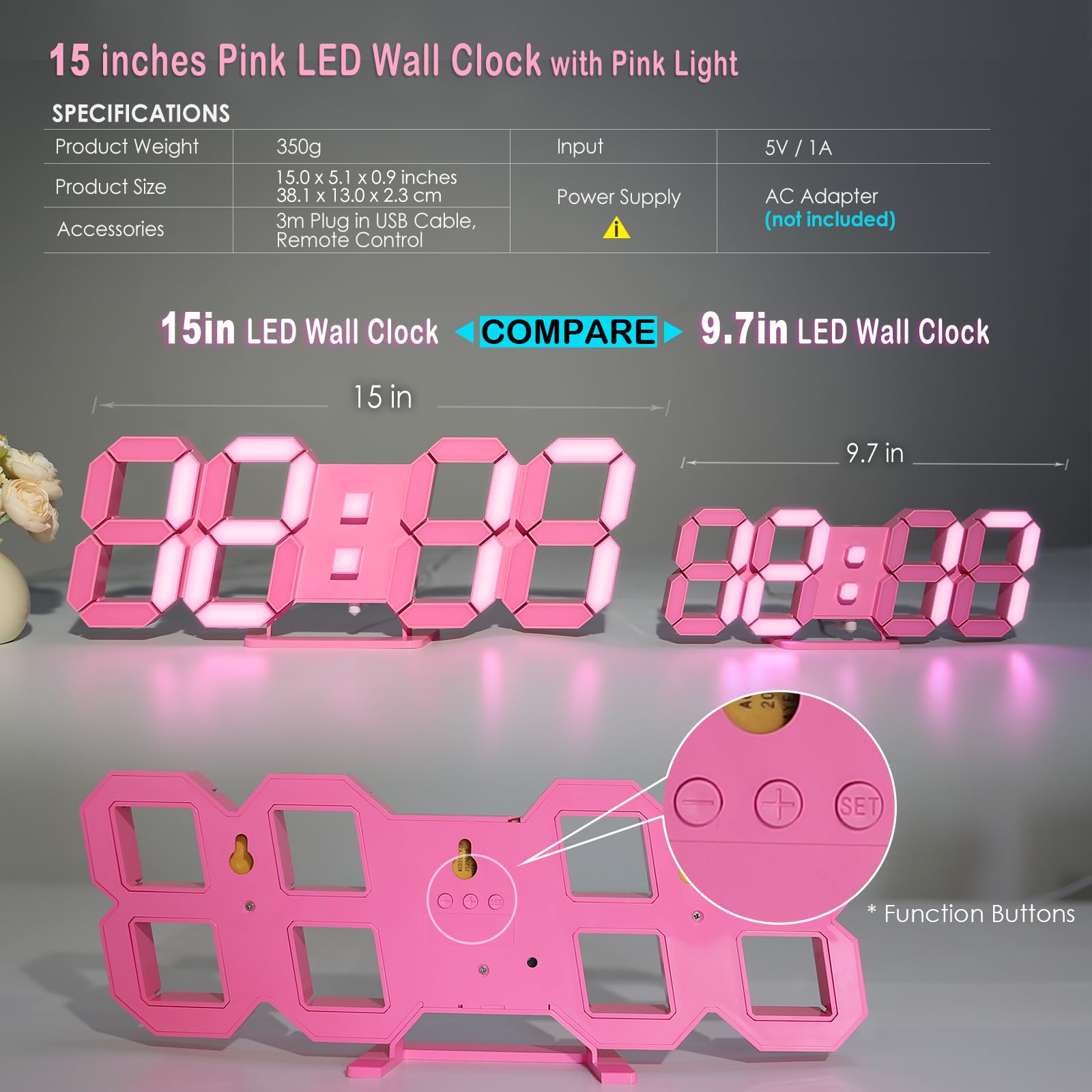LED 3D Wall Clock 9.7" Clock with Remote/Dimming/12/24H/Temp/Alarm Clock/Date
