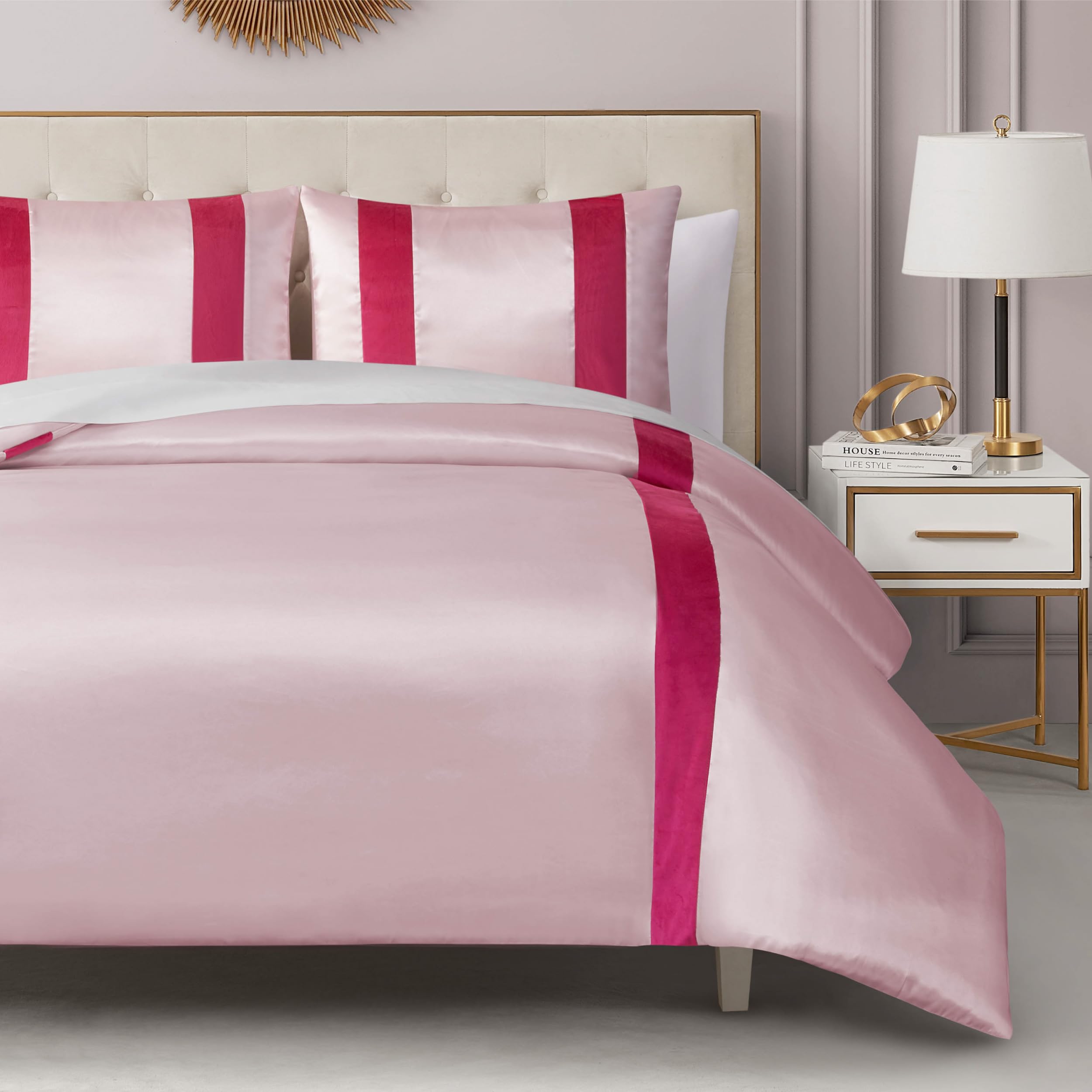 Juicy Couture Velvet Stripe on Satin Pink Comforter Set - 3 Piece Luxury Bedding Ensemble