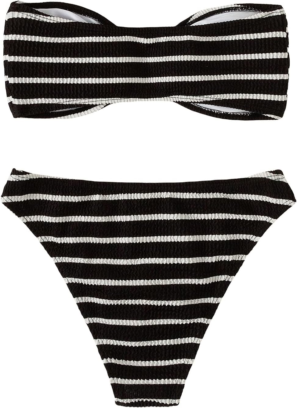 Women's 2 Piece Strapless Swimsuit Striped Bandeau High Waisted Thong Bikini Set Bathing Suit