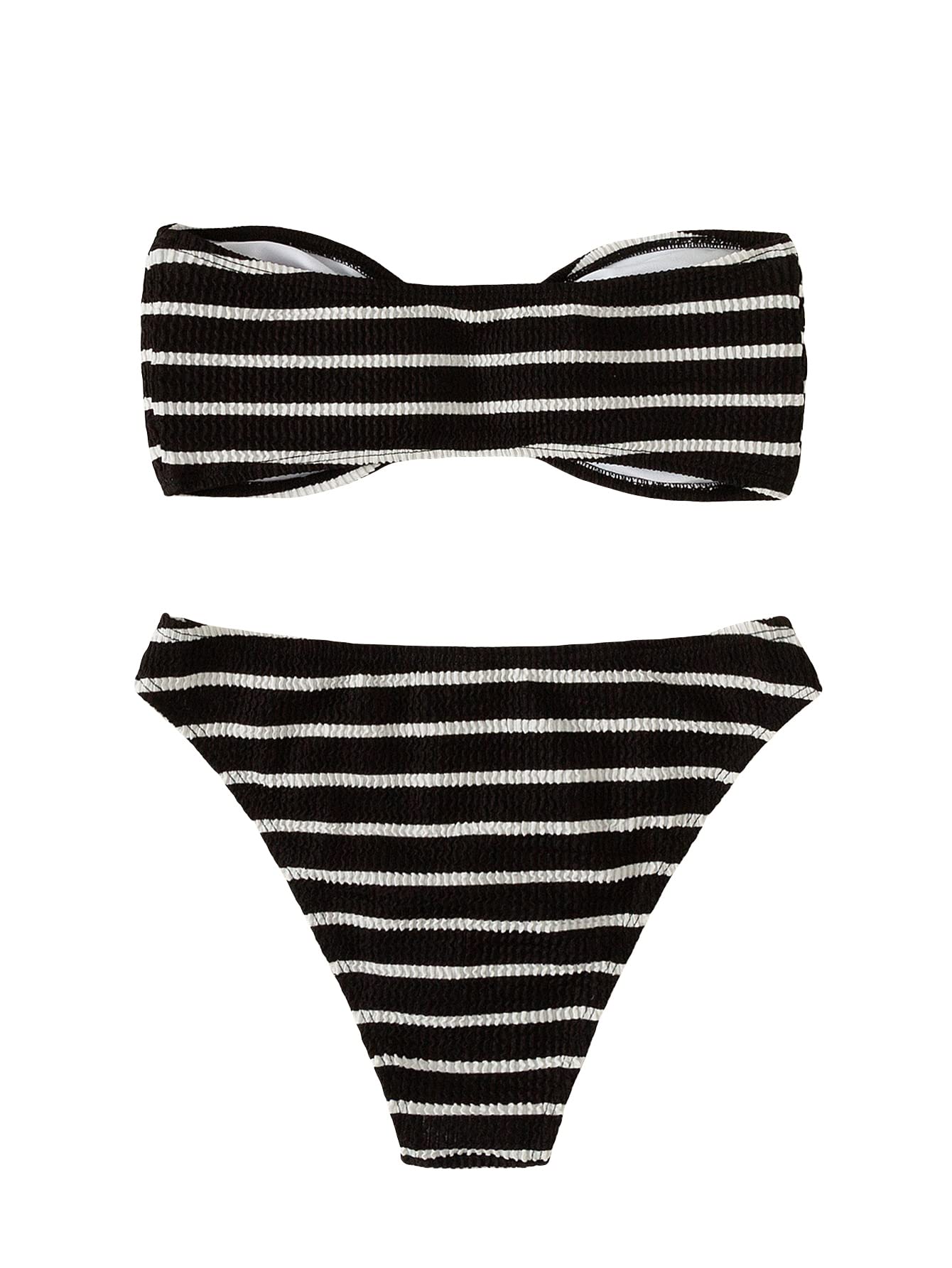 Women's 2 Piece Strapless Swimsuit Striped Bandeau High Waisted Thong Bikini Set Bathing Suit