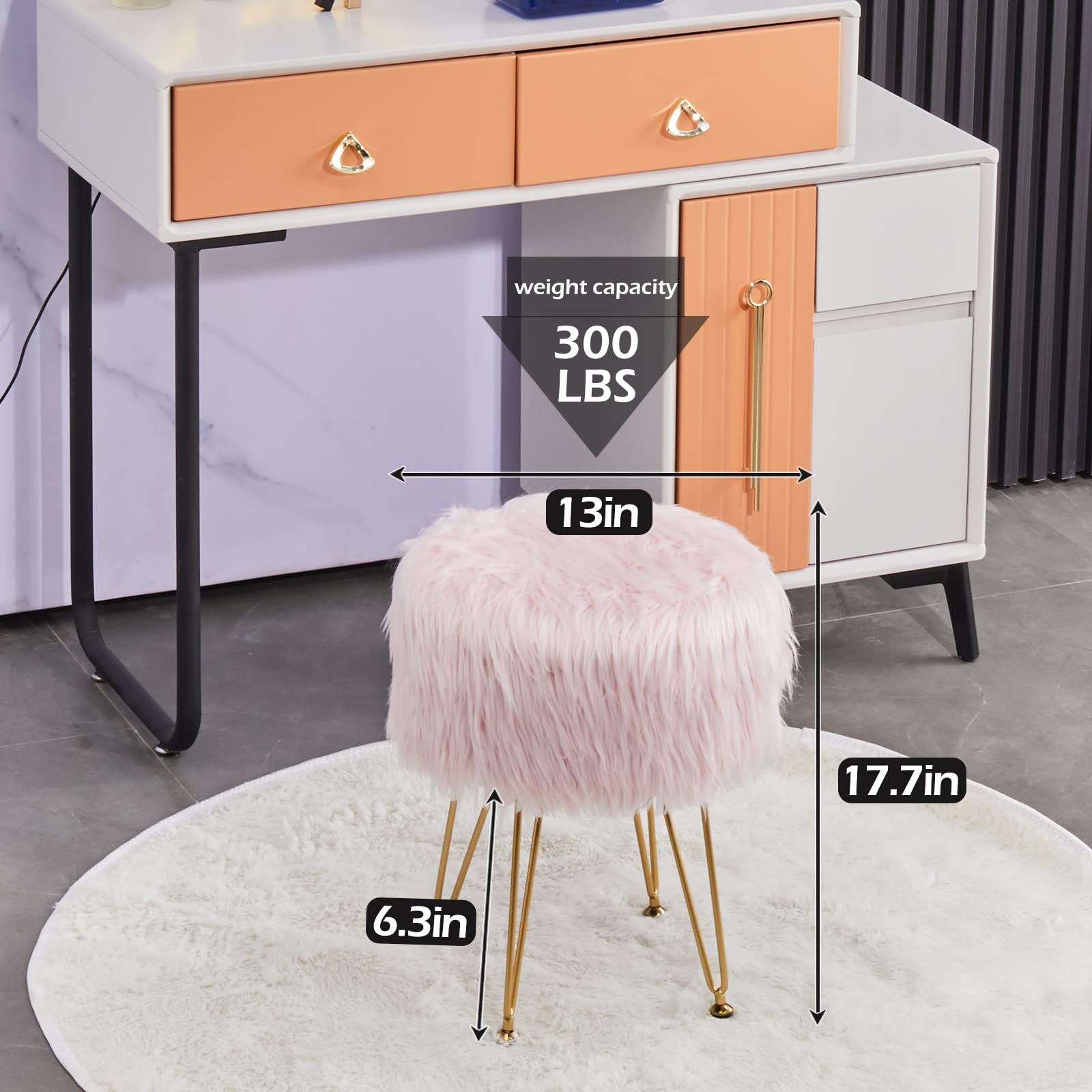 Faux Fur Storage Ottoman Round Furry Vanity Stool Marble Grain Tray Coffee Table Compact Footrest Stool with 4 Metal Legs Soft Makeup Seat Foot Stools for Living Room Bedroom Entryway
