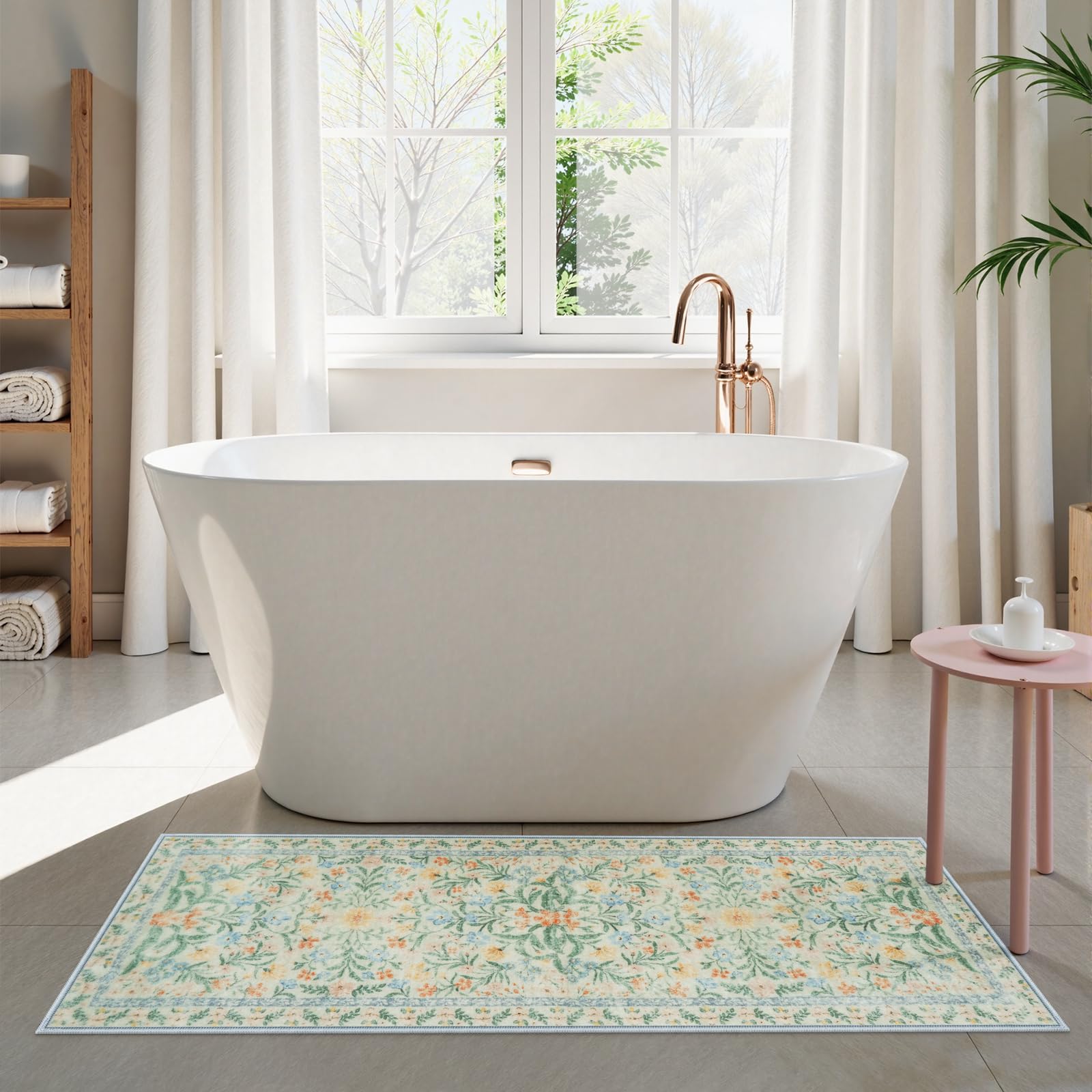 New Boho Floral Bath Rugs, Non Slip Washable Bathroom Rugs Fit Under Door, Ultra Soft and Absorbent Bath Mat