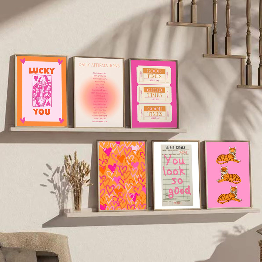 Pink and Orange Preppy Wall Art Queen Poker Halo Angel Digital Poster Tiger Heart You Look Good Yk2 Print Fashion Preppy Canvas Unframed Size: 8x10 inches 6 Pieces