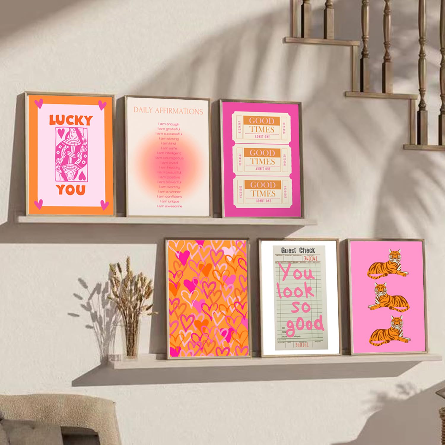 Pink and Orange Preppy Wall Art Queen Poker Halo Angel Digital Poster Tiger Heart You Look Good Yk2 Print Fashion Preppy Canvas Unframed Size: 8x10 inches 6 Pieces