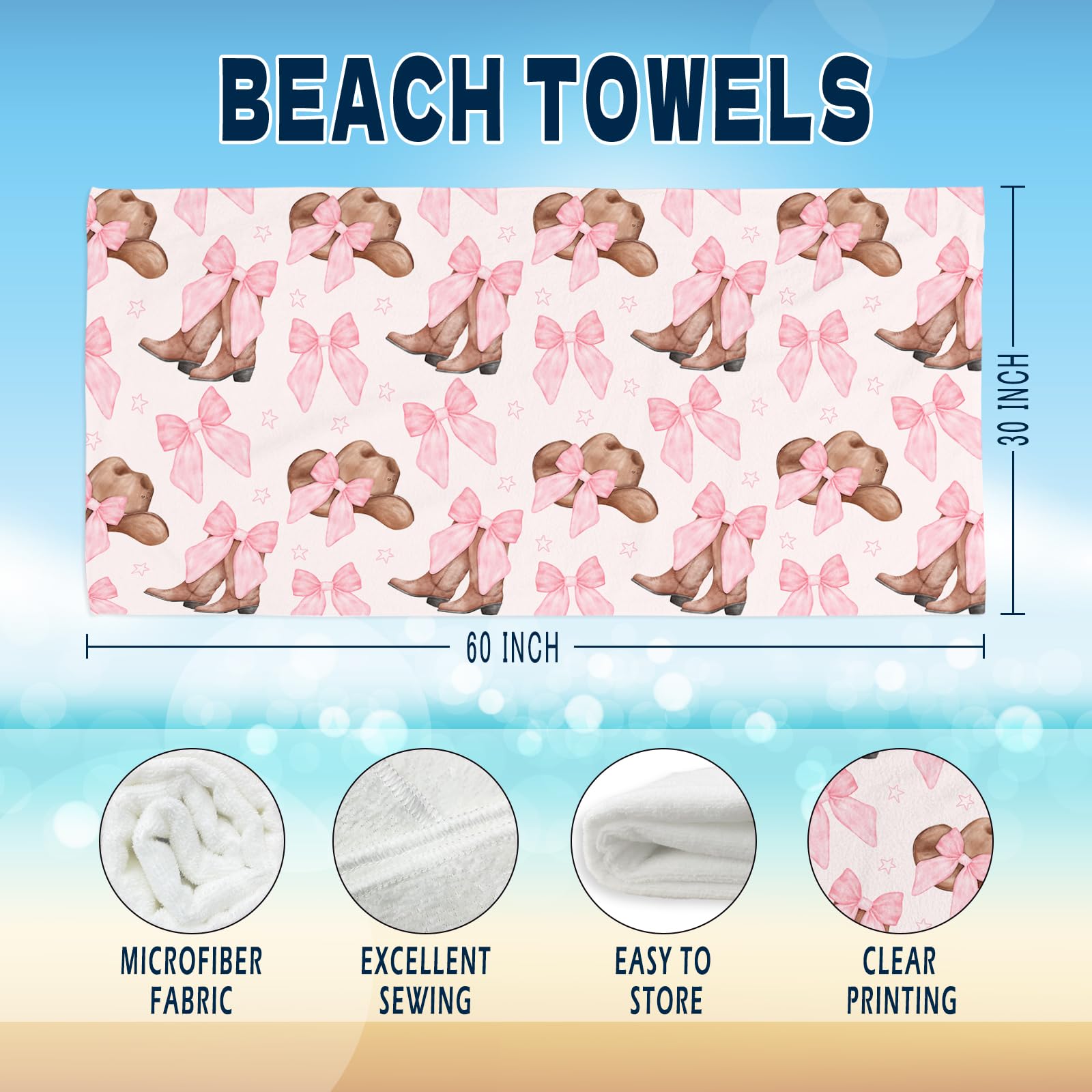 Coquette Girly Pink Bow Beach Towel - Microfiber Absorb Water Travel Towels 60x30 Inches for Bathroom Kitchen