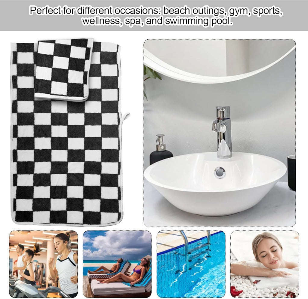 Checkered 10 Pcs Bath Towels Set Lightweight Soft Coral Fleece Flower Washcloth Quick Dry Bathroom Towel for Bathroom, Gym, Spa, Beach,(Black, Checkered)