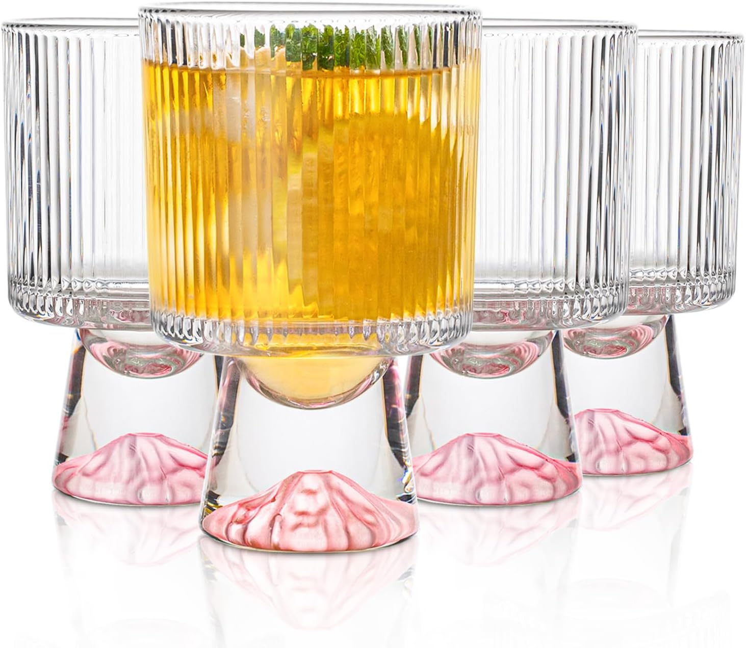 Durable Glass 4-Piece Clear Ribbed Cocktail Glasses, 12oz Featuring a Stabilizing Conical Base with a Pink Ombre Finish