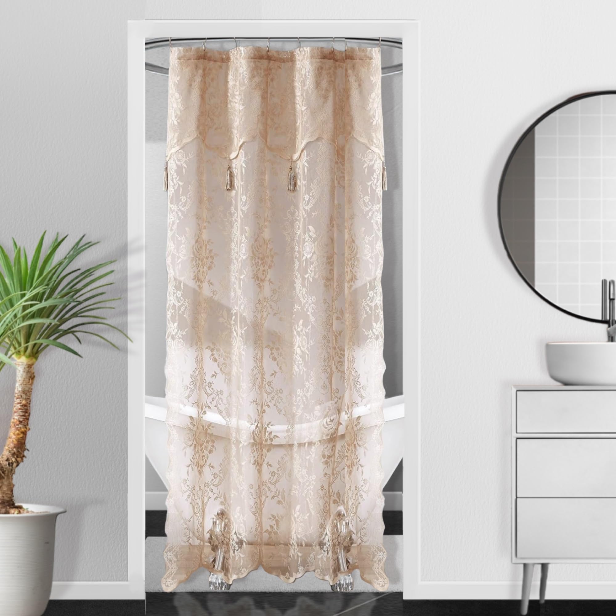 Luxury Lace Small Shower Curtain - Lace Shower Curtain with Attached Valance & Tassels