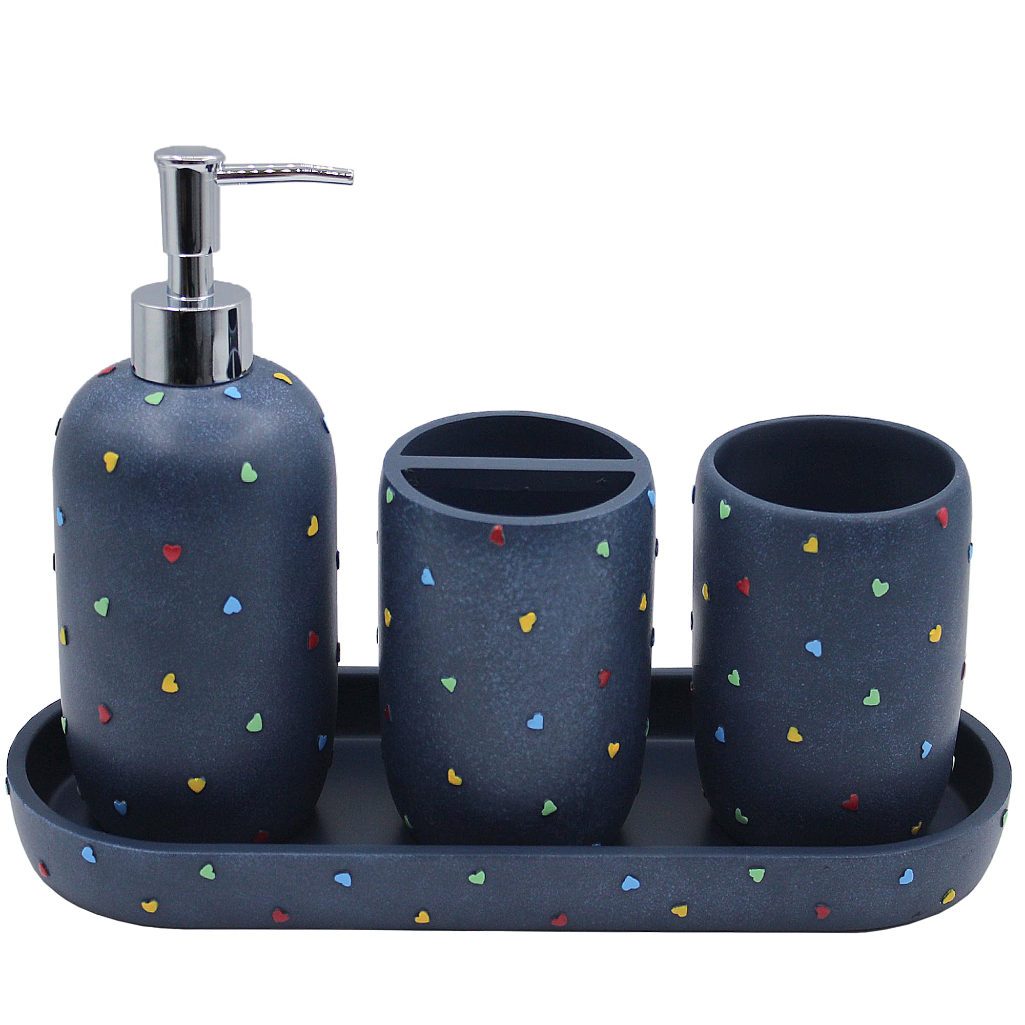 Premium Bathroom Accessories Sets 4-Piece, Pastel Heart Bathroom Accessory Complete Set - Toothbrush Holder, Lotion Soap Dispenser, Vanity Tray, Bathroom Tumbler for Countertop Vanity