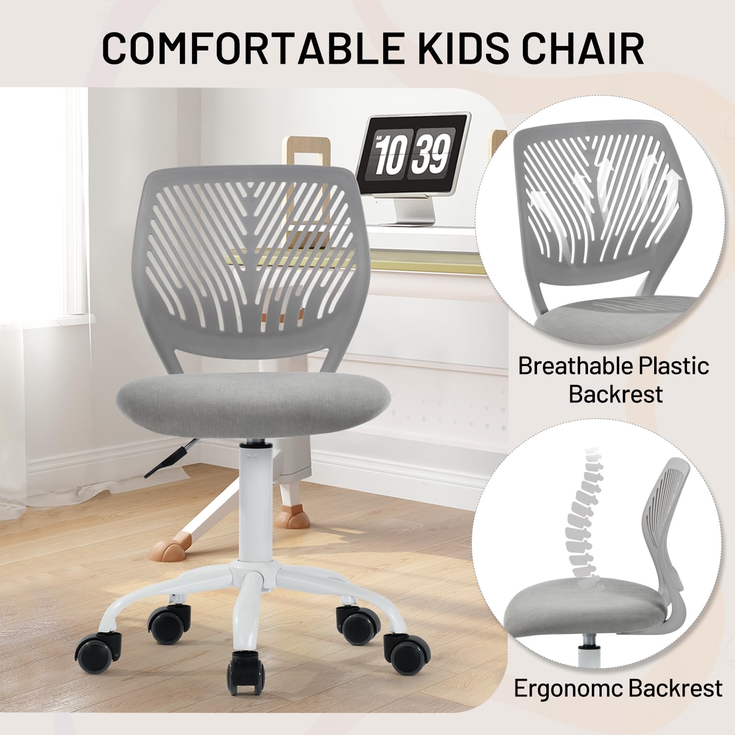 Study Desk Chair Armless Cute, Ergonomic Small Swivel Adjustable Rolling Lightweight Task Chair with Wheels and Mesh Padded Cushion