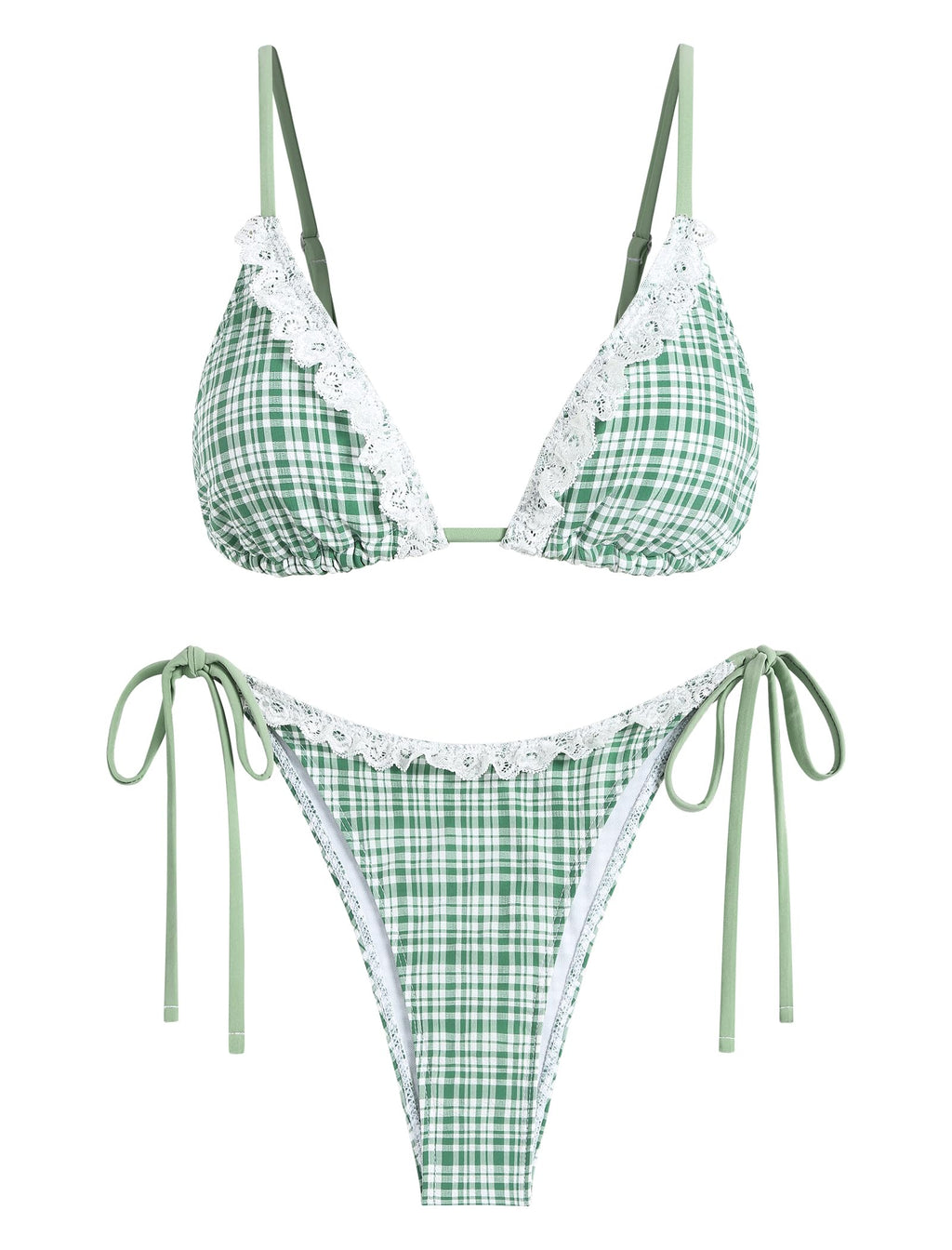 Women's Triangle Bikini Lace Frilled Ruffles Gingham Print Tie Side Spaghetti Strap 2 Pieces Bikini Swimsuit