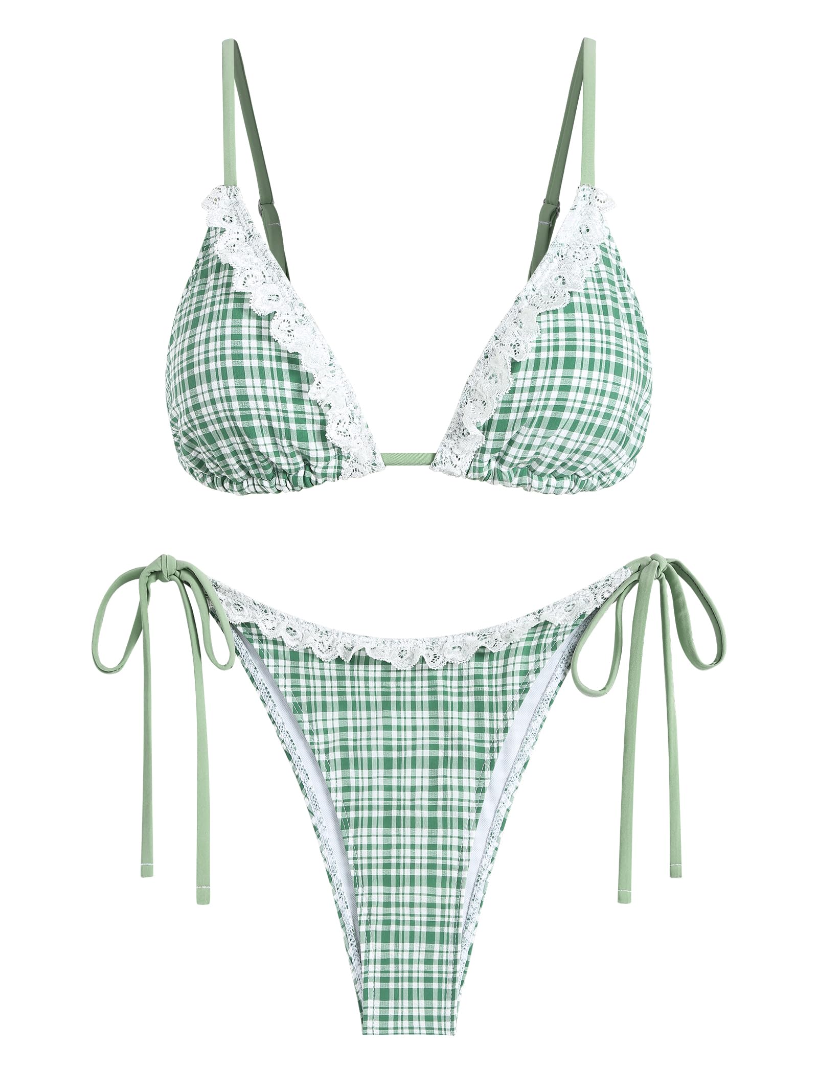 Women's Triangle Bikini Lace Frilled Ruffles Gingham Print Tie Side Spaghetti Strap 2 Pieces Bikini Swimsuit