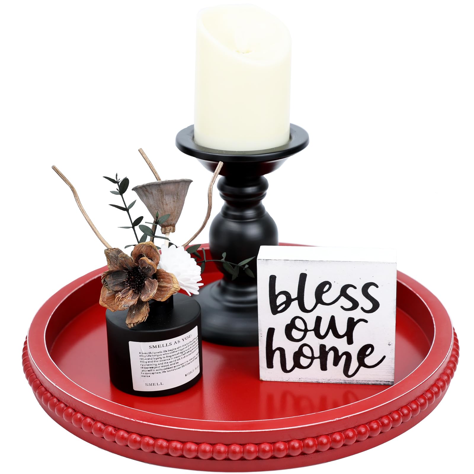 Round Wood Decorative Ottoman Tray for Coffee Table Kitchen Counter, Living Room, Handcrafted Wooden Serving Tray for Table Centerpiece