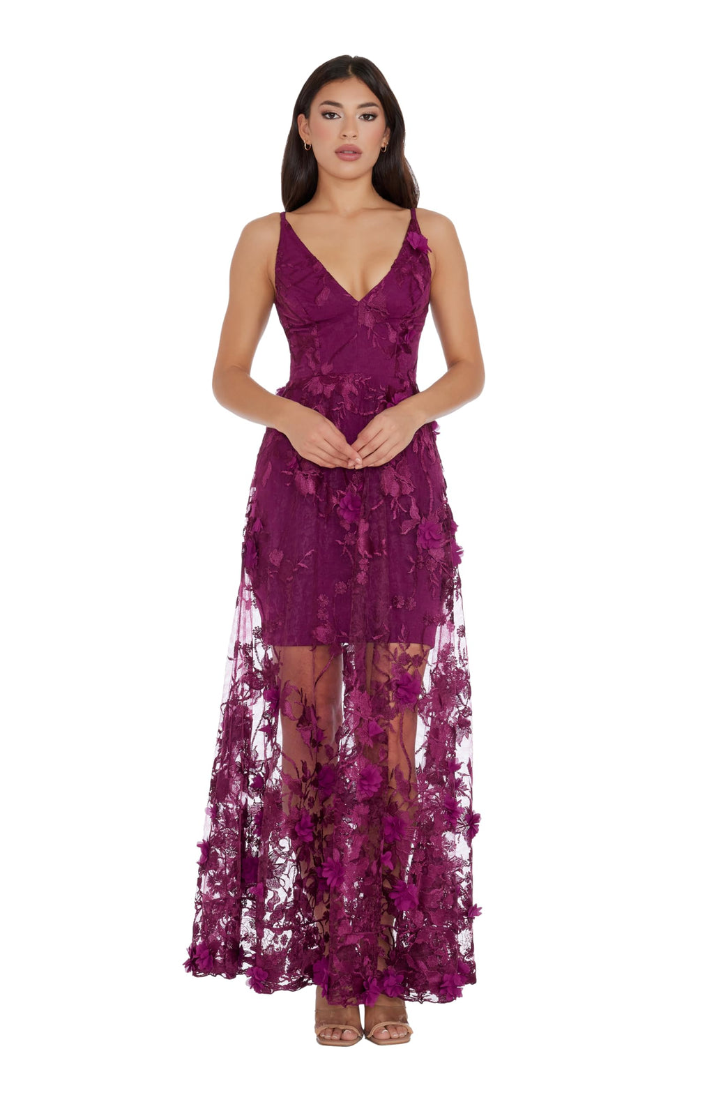 Women's Embellished Plunging Gown Sleeveless Floral Long Dress