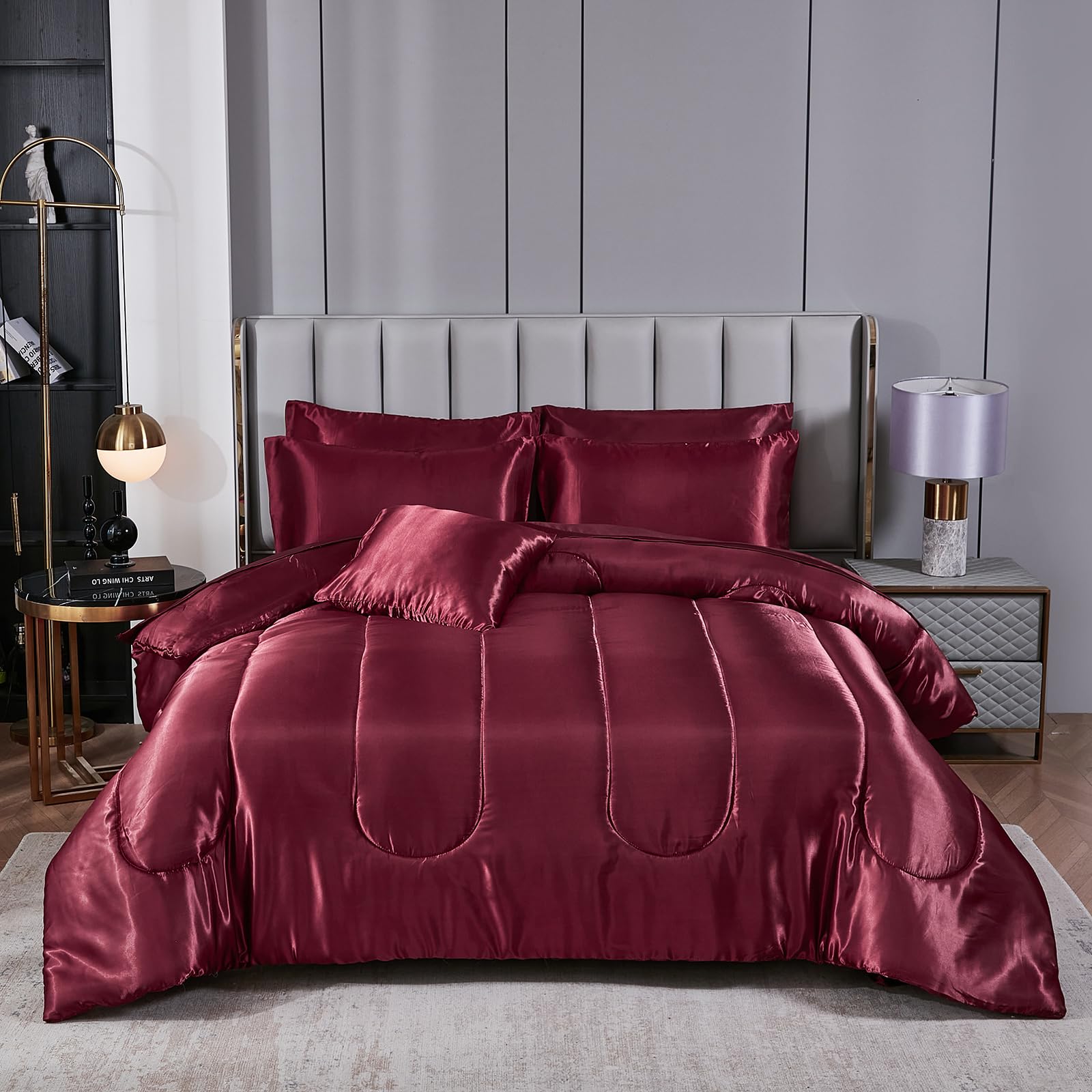 Satin Comforter Set with Sheet Set Full Silk Like Hot Pink Bed in a Bag Luxury Silky Bedding with 1 Comforter, 1 Flat Sheet, 1 Fitted Sheet, 4 Pillowcases, 1 Cushion Cover (Full, Hot Pink)