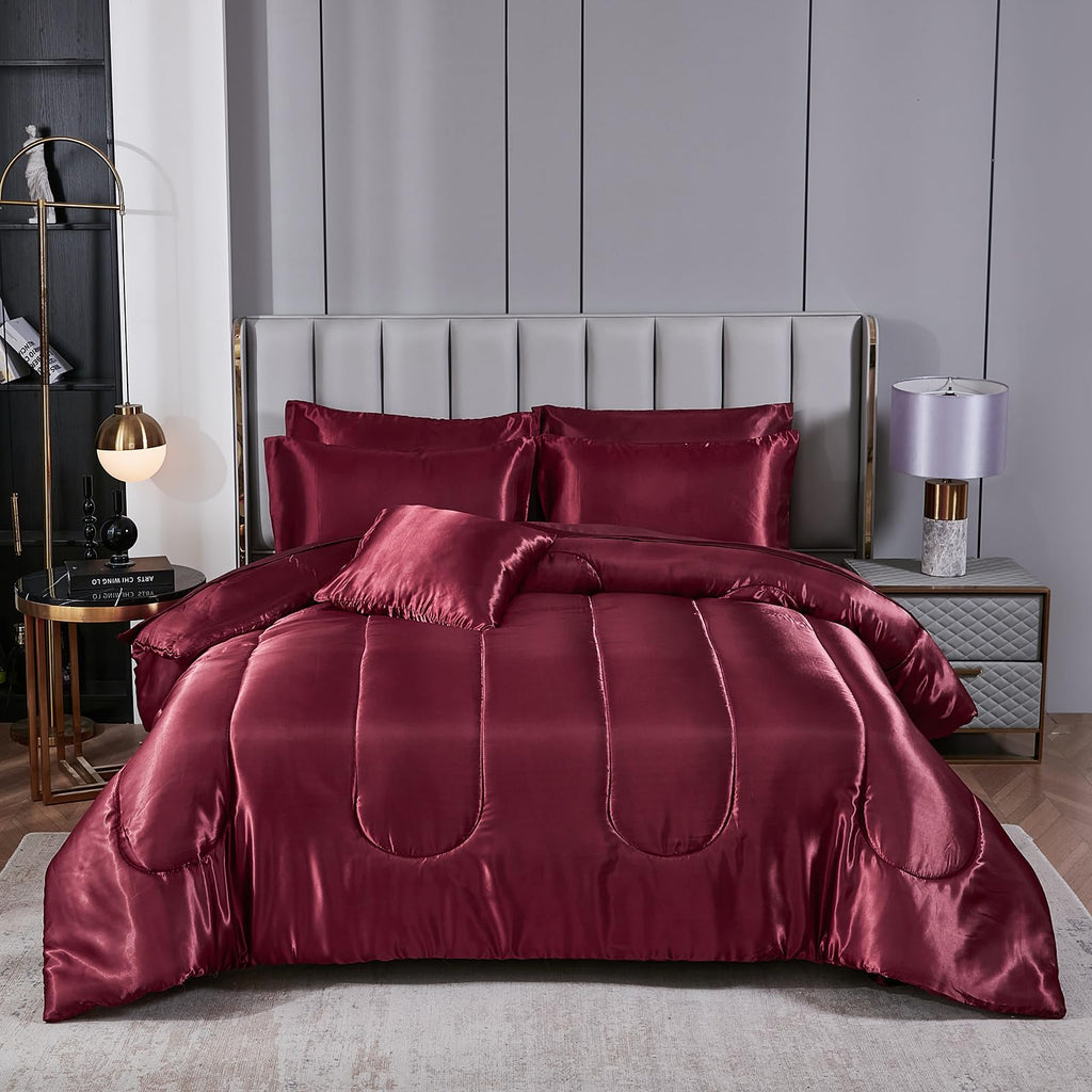Satin Comforter Set with Sheet Set Full Silk Like Hot Pink Bed in a Bag Luxury Silky Bedding with 1 Comforter, 1 Flat Sheet, 1 Fitted Sheet, 4 Pillowcases, 1 Cushion Cover (Full, Hot Pink)