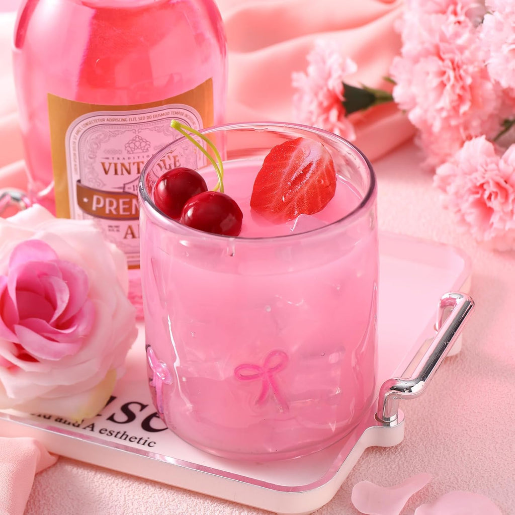 Set of 2 Coquette Pink Bow Glass Cup Heart Juice Glass 14oz Pink Bow Heart