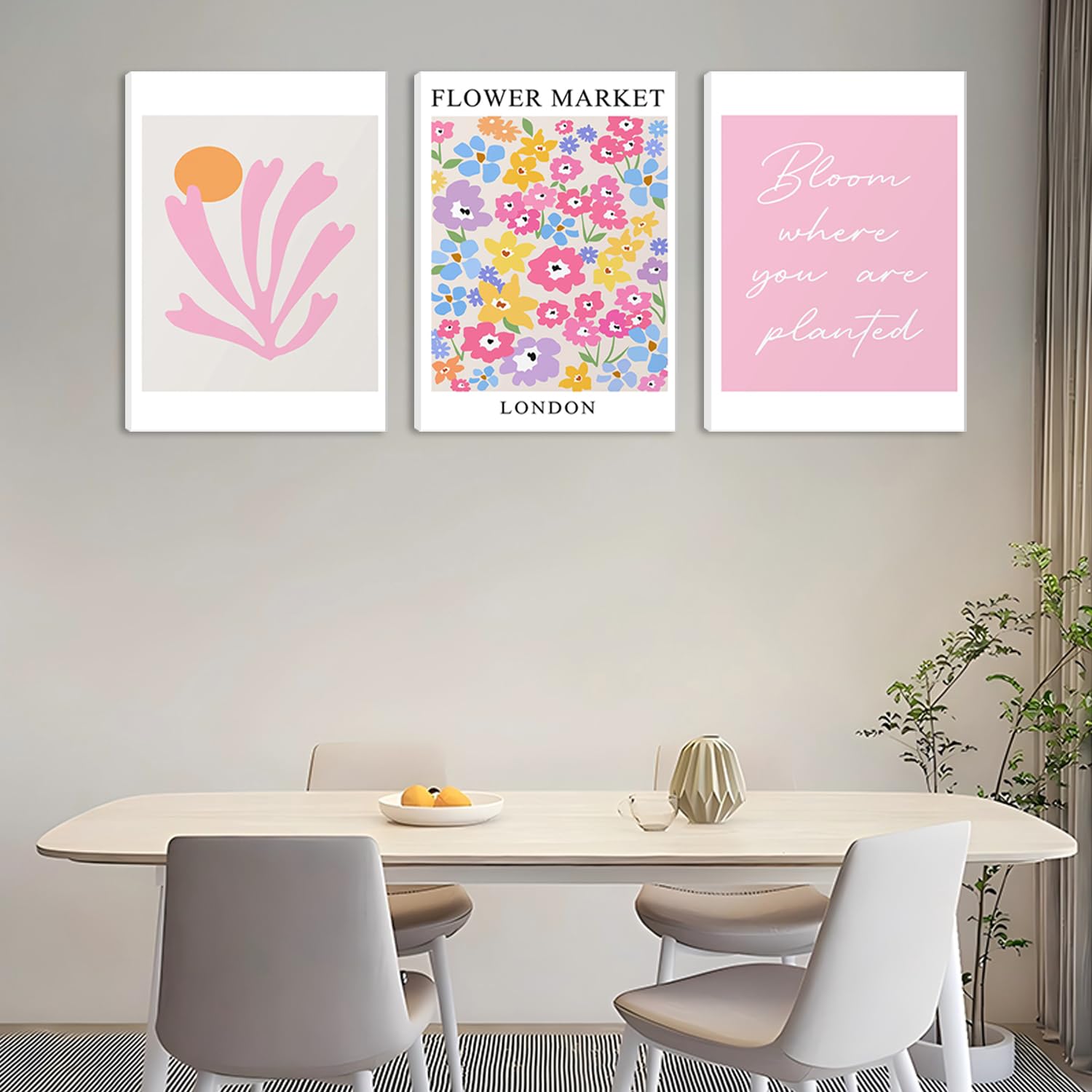 Pink Wall Art Set of 3 - Pink Flowers Wall Decor Vintage Canvas Print Picture Retro Abstract Exhibition Print 12×16 Inch Framed