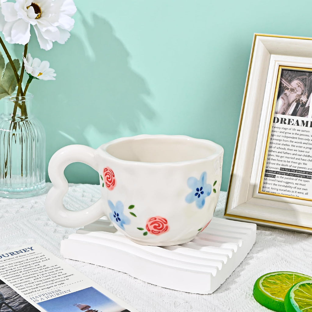 Ribbon Bow Ceramic Mug, Cute Creative Heart Handle Mug Design, 10.5 oz/300 ml