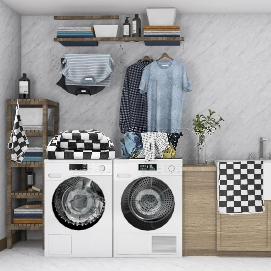 Checkered 10 Pcs Bath Towels Set Lightweight Soft Coral Fleece Flower Washcloth Quick Dry Bathroom Towel for Bathroom, Gym, Spa, Beach,(Black, Checkered)