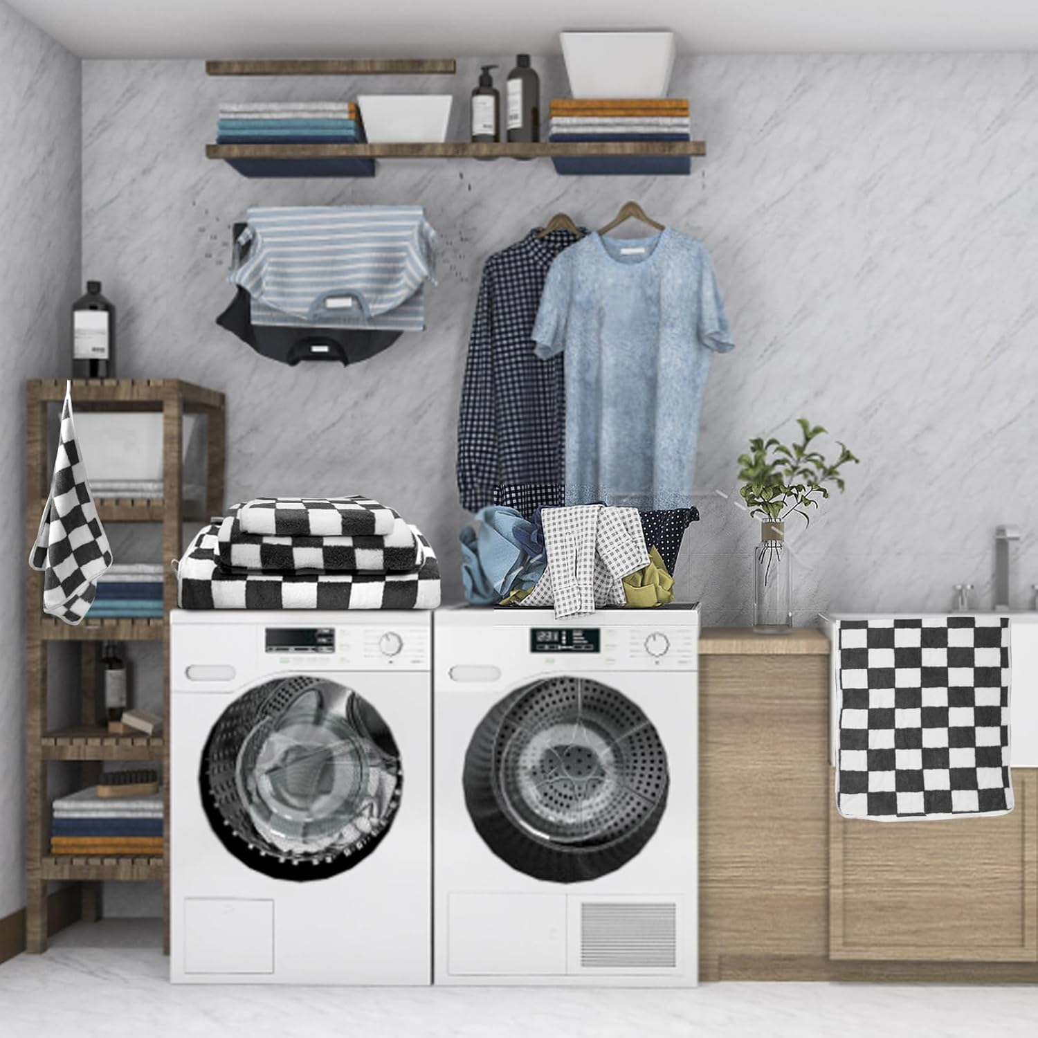 Checkered 10 Pcs Bath Towels Set Lightweight Soft Coral Fleece Flower Washcloth Quick Dry Bathroom Towel for Bathroom, Gym, Spa, Beach,(Black, Checkered)