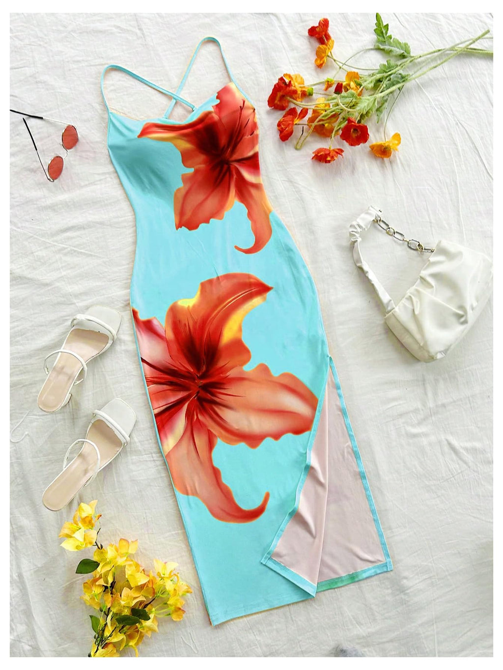 Women's Floral Print Split Thigh Bodycon Dress Criss Cross Skinny Long Cami Dresses