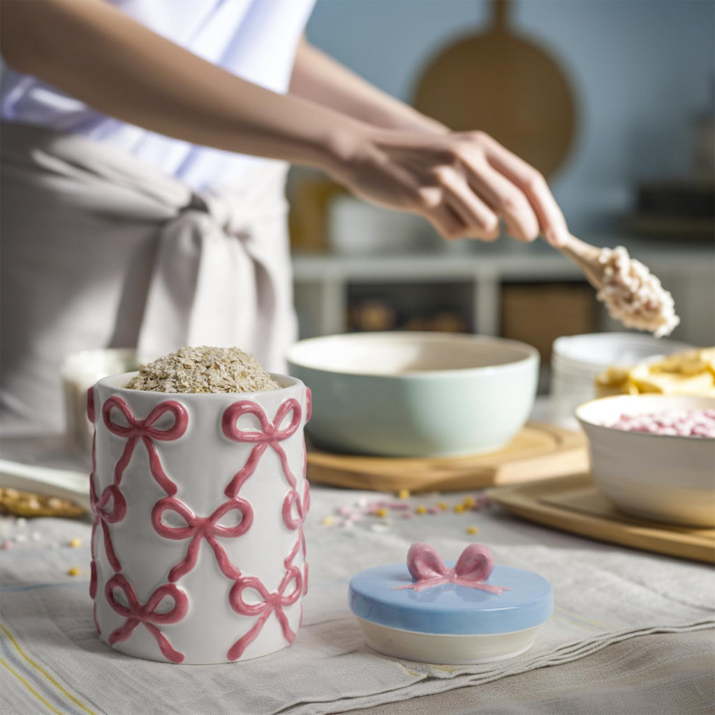Cookie Bow Jars with Lid Airtight, 7.5 Inch Large Ceramic Food Storage Containers (42oz)