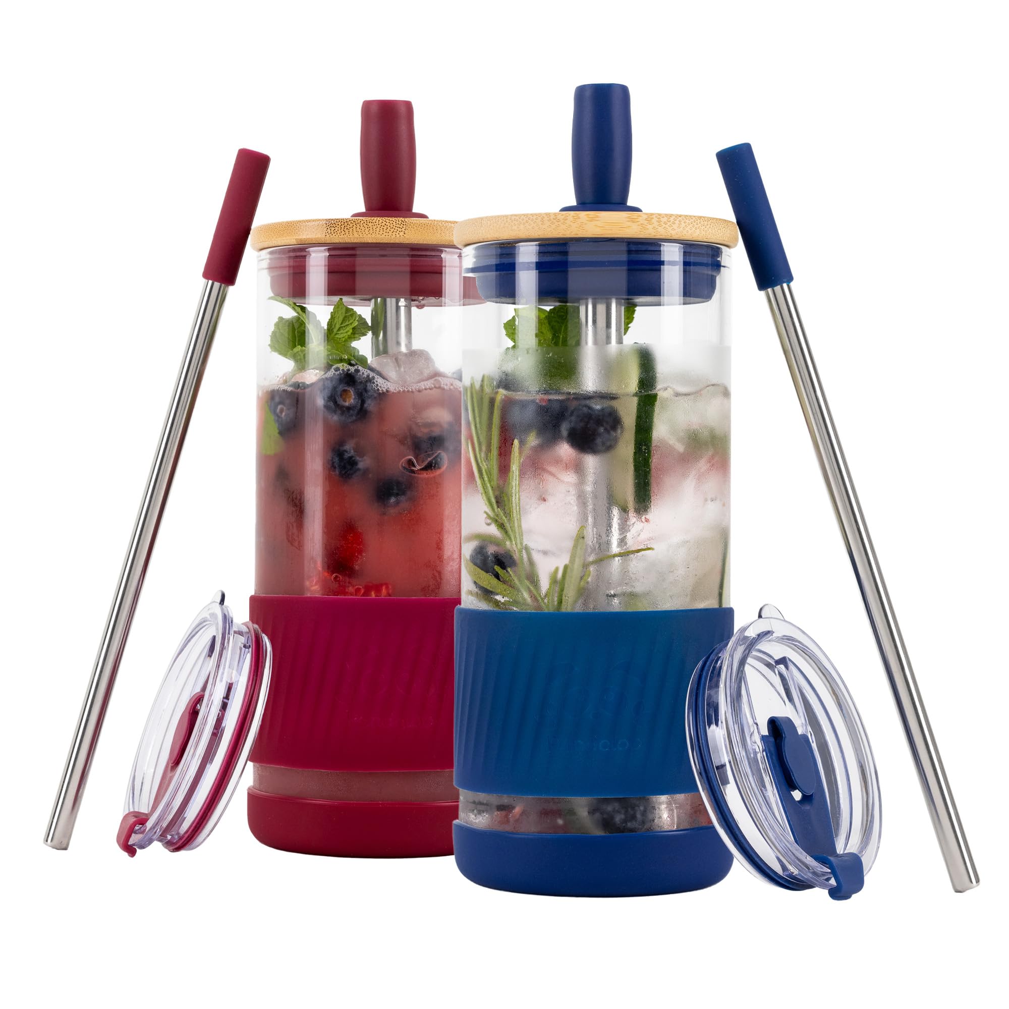 Pandaloo® Glass Cups With Lids and Straws -20 Fl Oz- Perfect Size Iced Coffee Cup - Smoothie Cup With Bamboo Lid and On the go Lid - Glass Tumbler With Straw