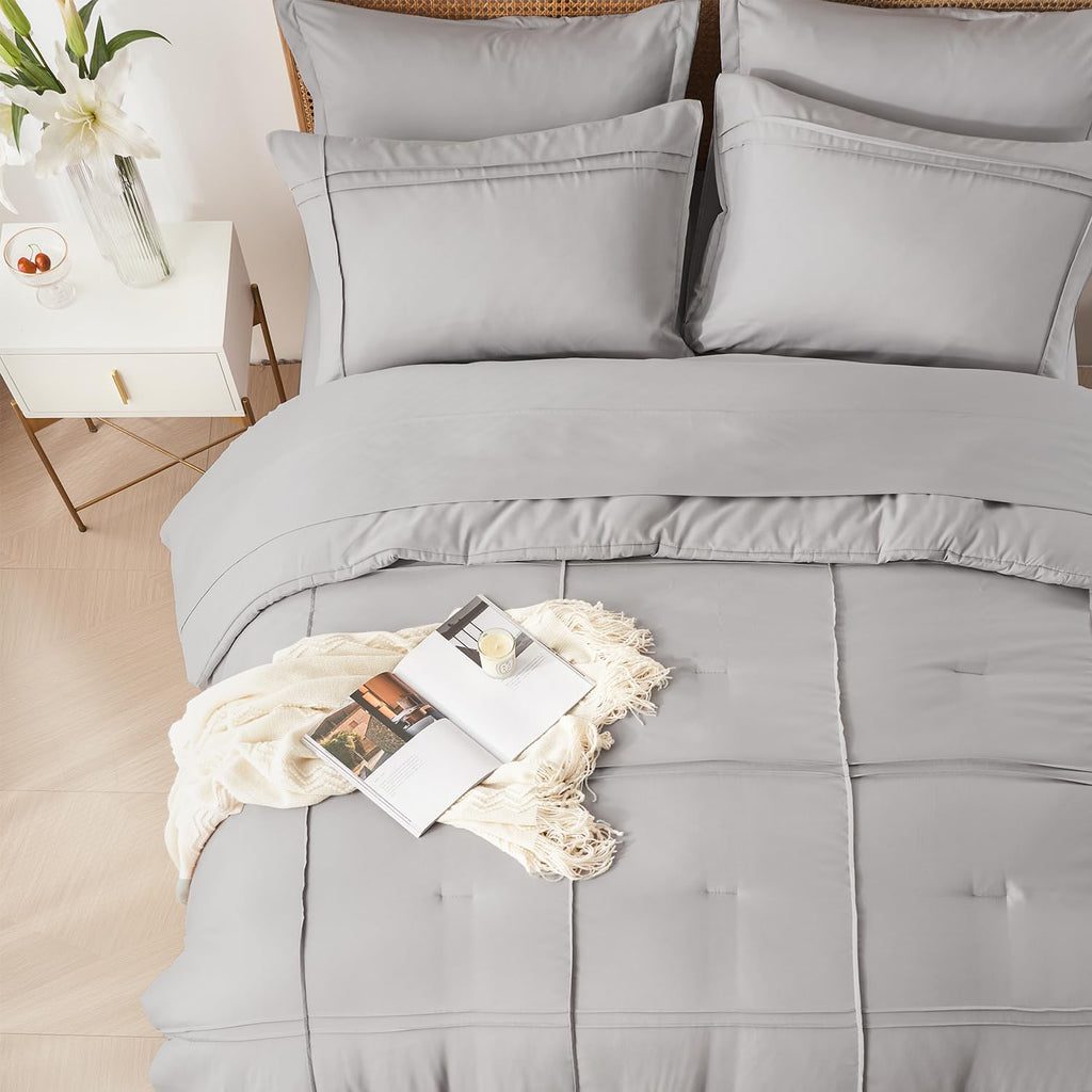 Comforter Set 7 Piece Bed in a Bag, Grid Pinch Pleat Bedding Set, Striped Textured Soft Microfiber Comforter with Sheet Set