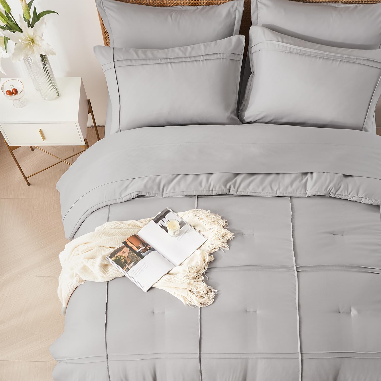 Comforter Set 7 Piece Bed in a Bag, Grid Pinch Pleat Bedding Set, Striped Textured Soft Microfiber Comforter with Sheet Set