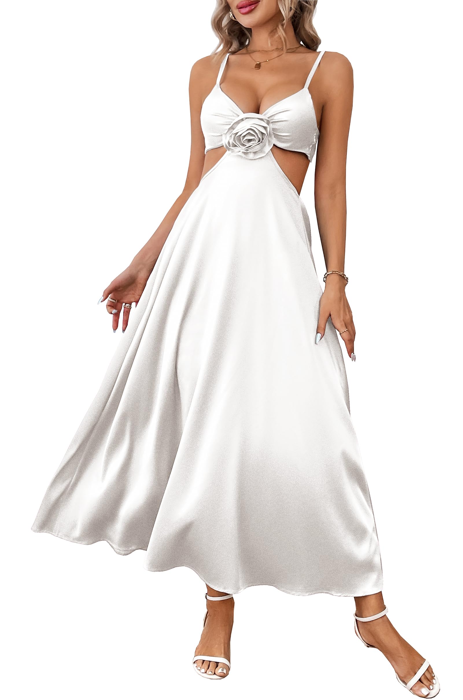 Women Satin Slip Padded Long Dress V Neck Adjustable Straps Backless Party Casual Dress 3D Flower Sundress