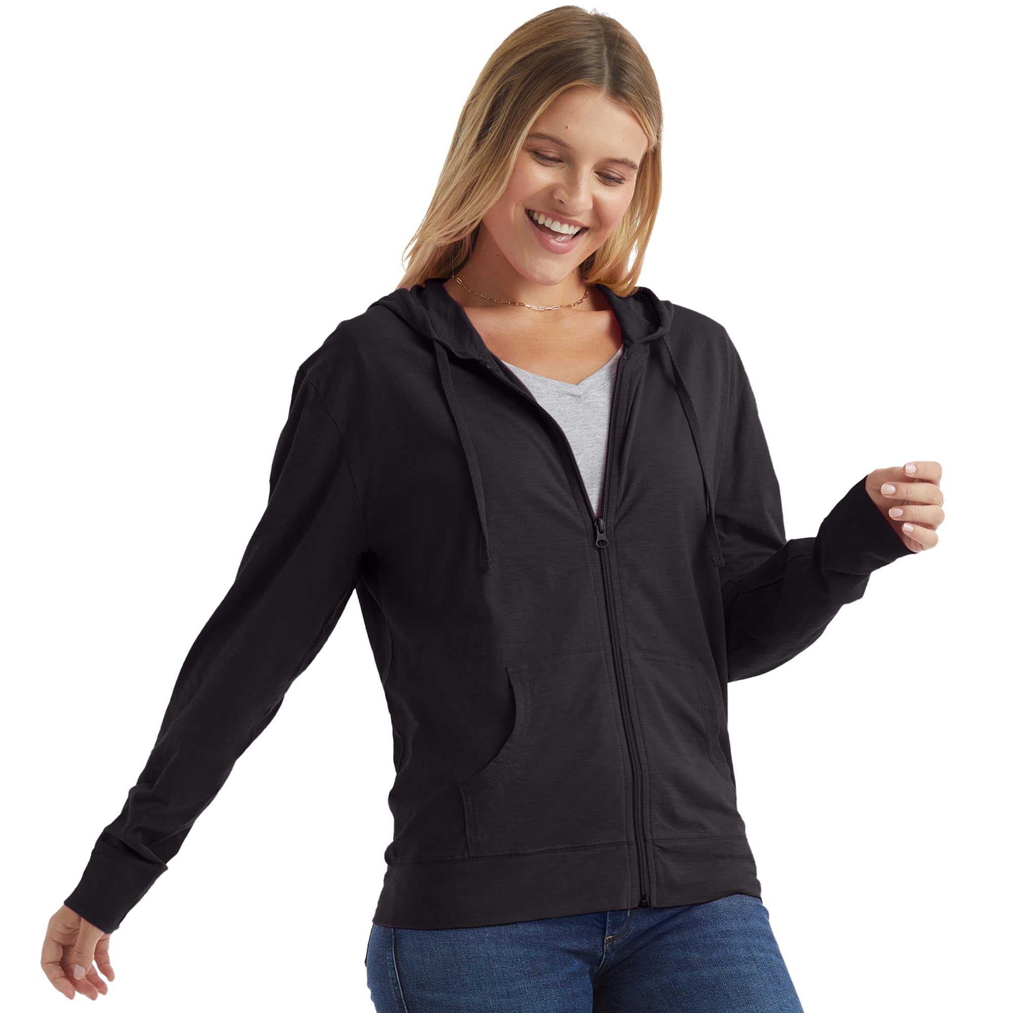 Women's Slub Knit Full-Zip Hoodie, Textured Cotton Zip-Up T-Shirt Hoodie