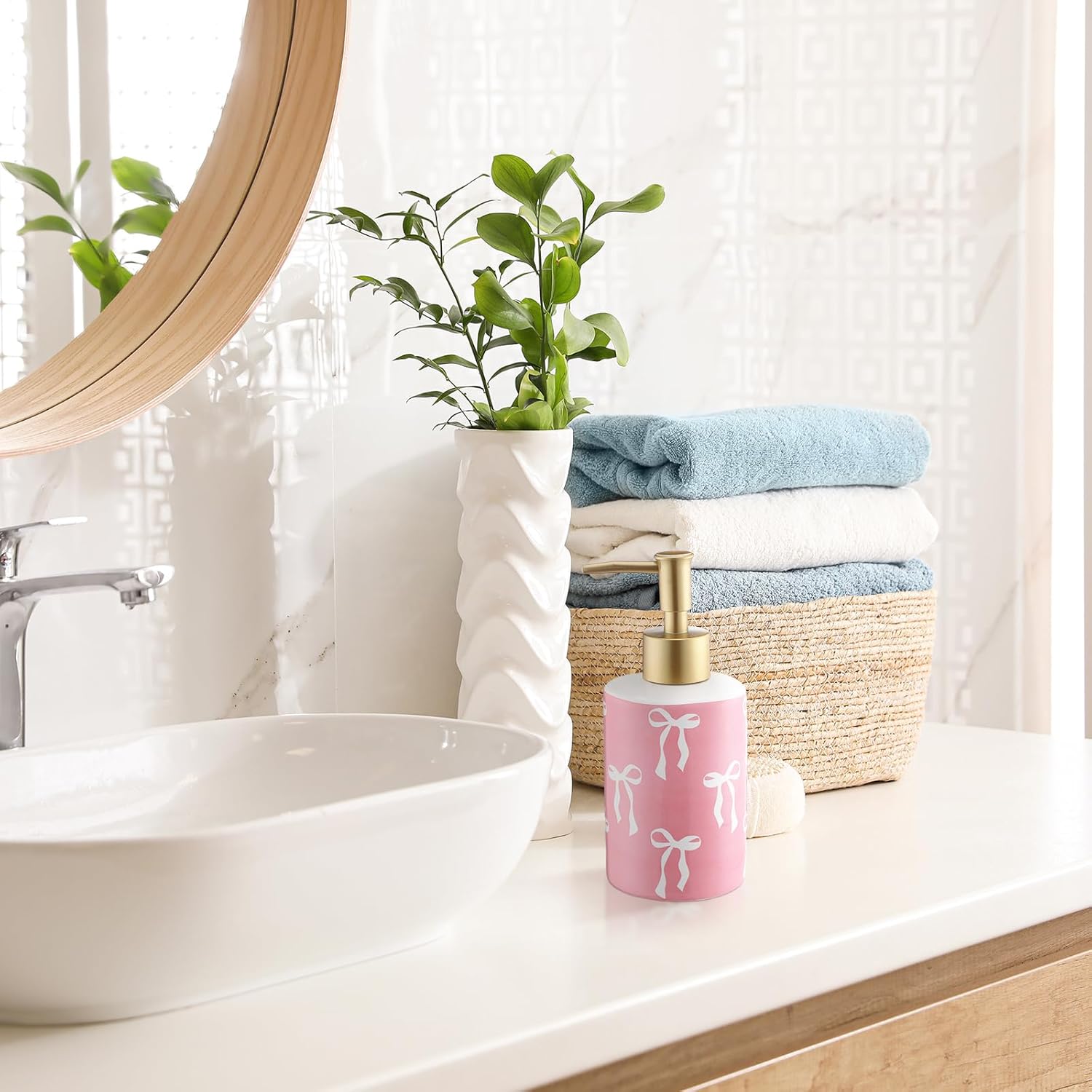 Pink Bow Soap Dispenser Cute Coquette Hand Soap Dispenser with Pump Rust Proof Refillable Ceramic Lotion Bottle Preppy Accessories for Bathroom Kitchen Decor