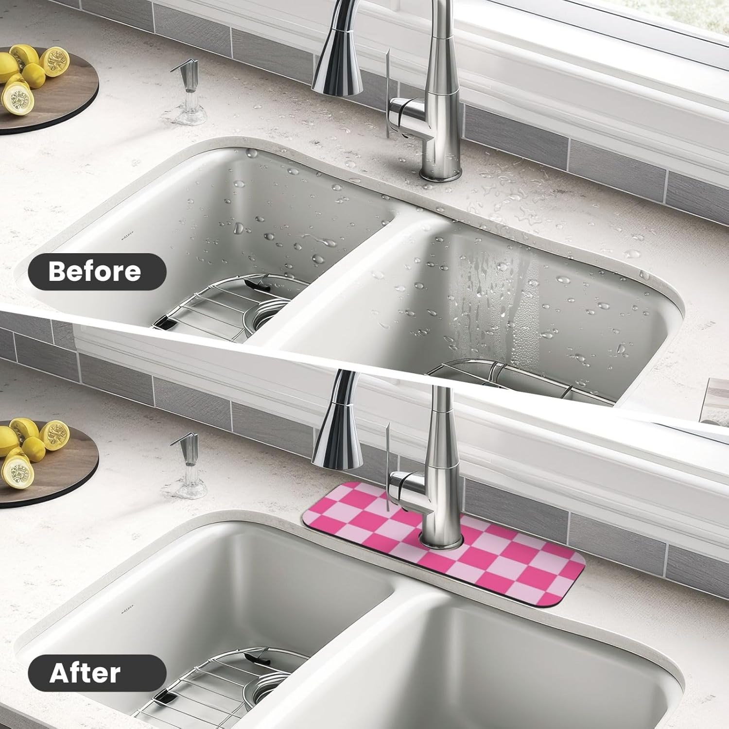 Pink Pastel Checkered Sink Splash Guard Faucet Mat Faucet Handle Drip Catcher Tray Drying Mat