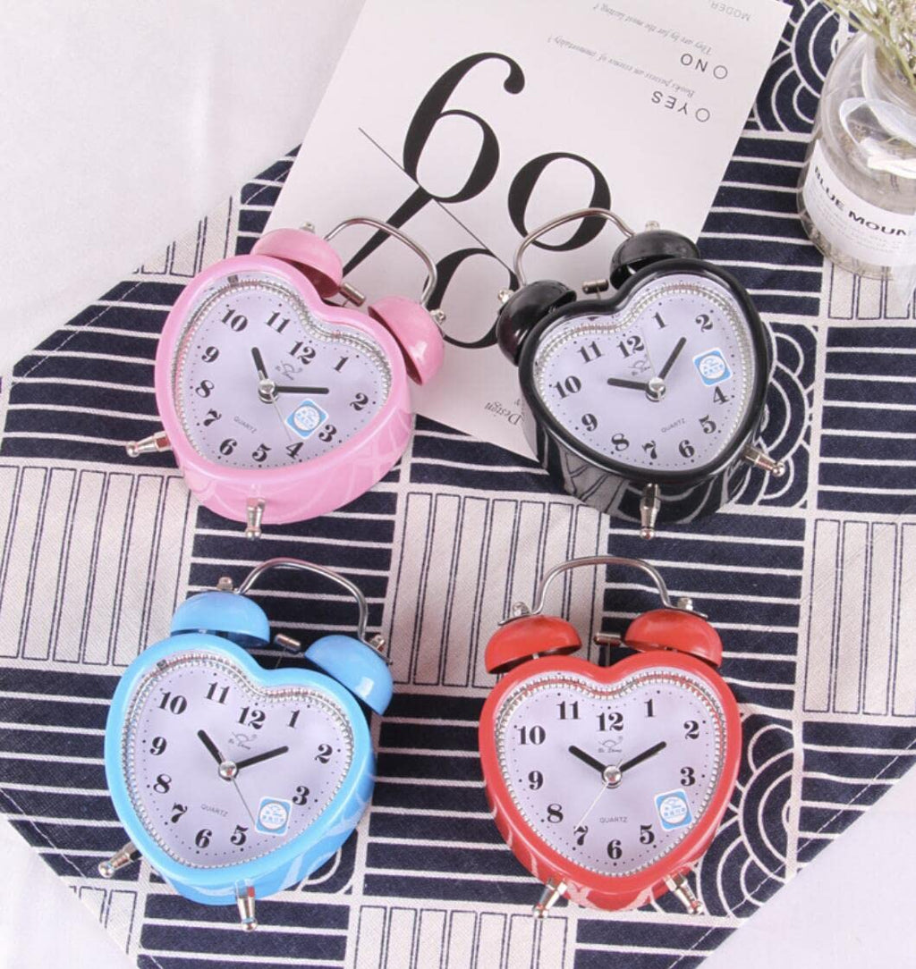 Cute Heart Shapes Twin Bell Loud Alarm Clock Silent Analog Quartz Nightlight Tableclock Battery Operated for Kids, Seniors, Heavy Sleepers, Decorations for Bedroom, Living Room 3 Inches