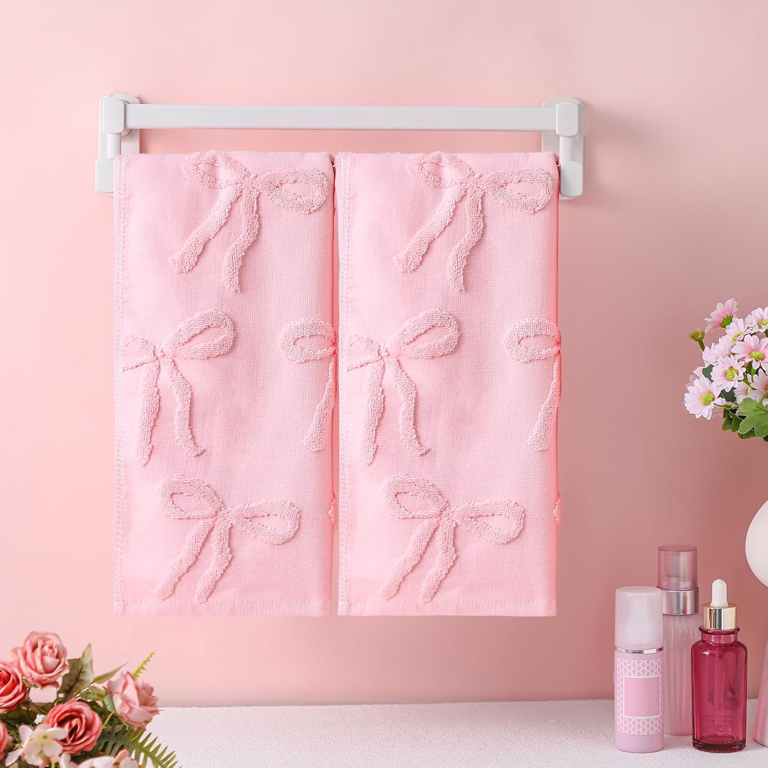 Preppy Pink Hand Towels for Bathroom Coquette Bow Hand Towels 100% Cotton Absorbent Decorative Jacquard Weave Bath Towel 13.7 x 29.5 Inch