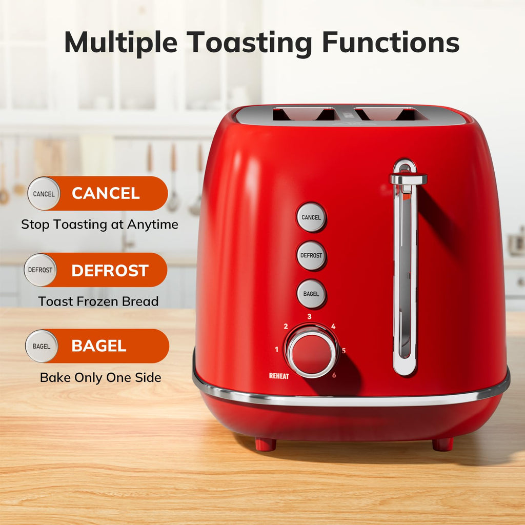 Toaster 2 Slice Stainless Steel with 6 Bread Shade Settings, Retro Toaster with Extra Wide Slot