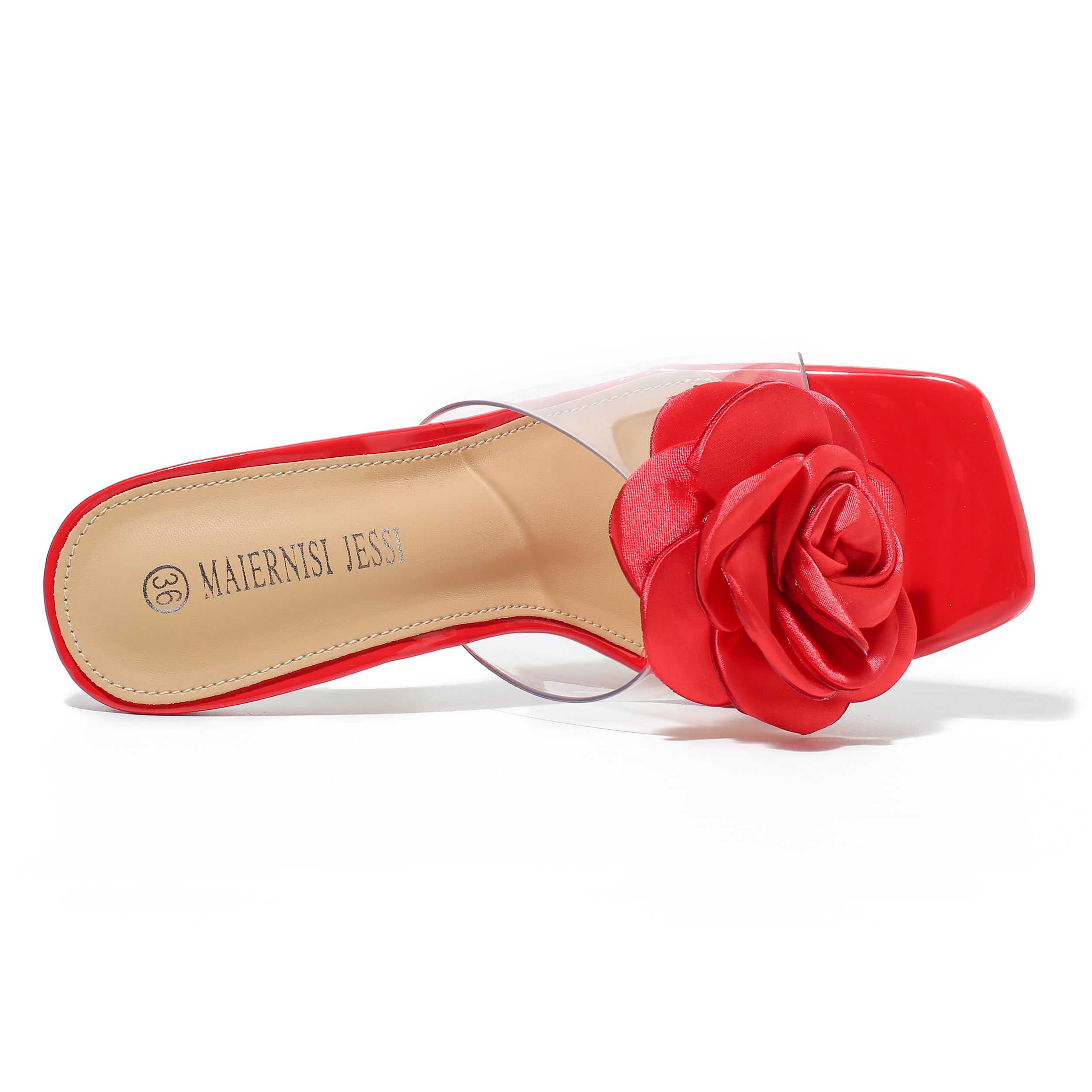 Women Flowers High Heels Mules Sandals Square Toe Slip On Sandals