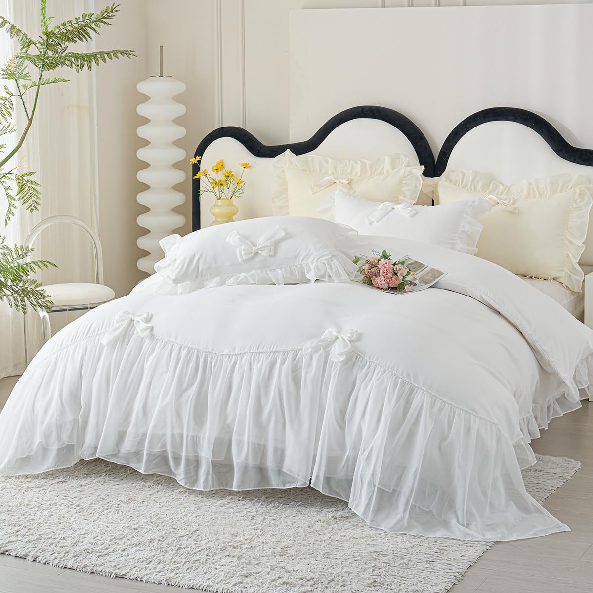 Ruffle Duvet Cover Bedding Set with Bowtie, 2 Pieces Comforter Cover Set with Zipper Closure with Pillowcase
