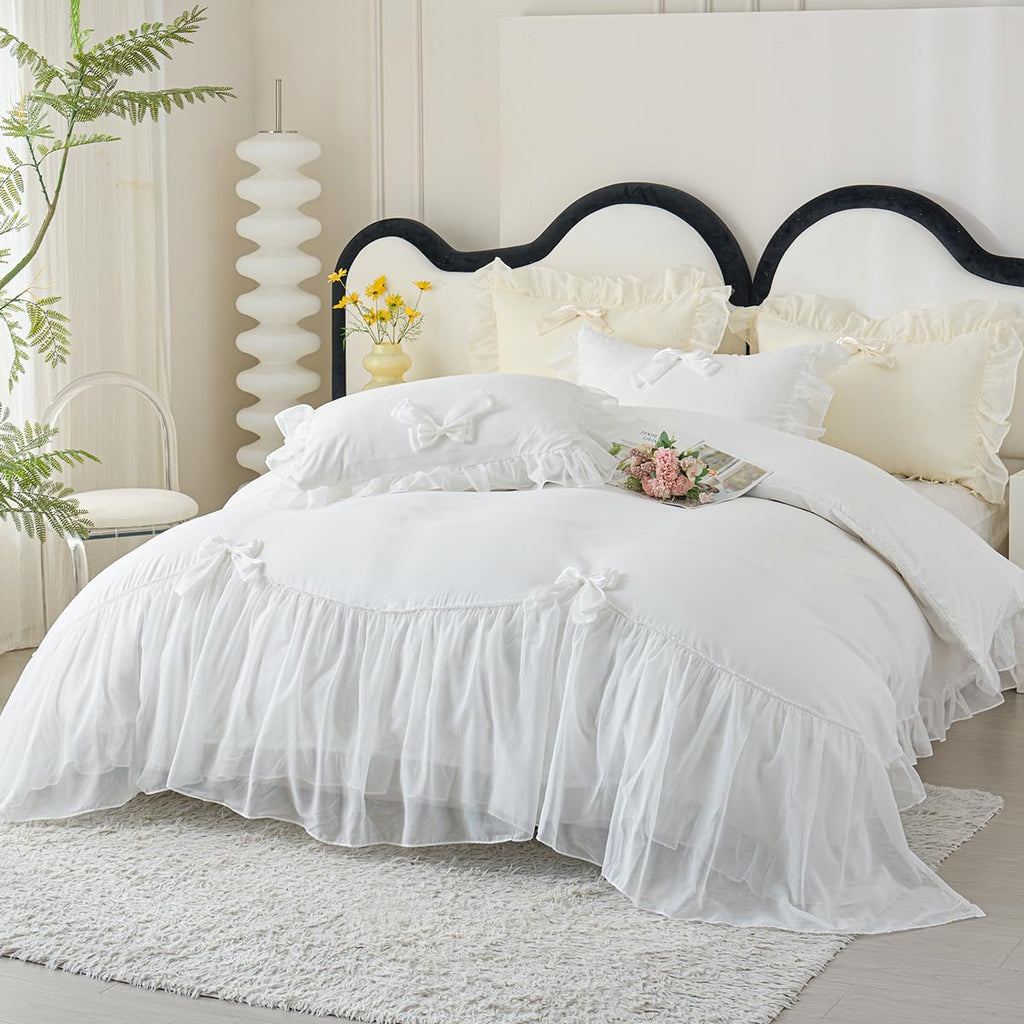 Ruffle Duvet Cover Bedding Set with Bowtie, 2 Pieces Comforter Cover Set with Zipper Closure with Pillowcase