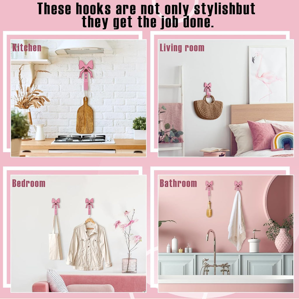 Pink Bow Hooks Wooden Bow Wall Hooks Coquette Room Decor Cute Coat Towel Hanger Wall Hanging Decor 2 Pcs