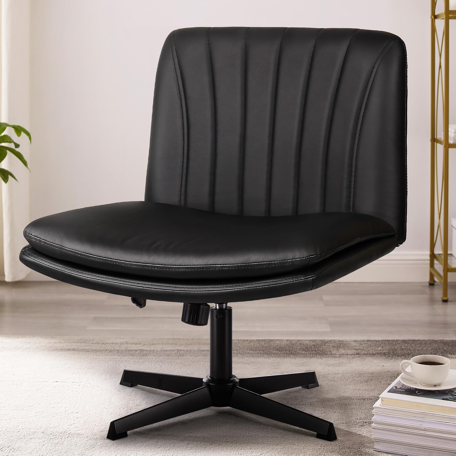 Criss Cross Chair, Armless Cross Legged Office Desk Chair No Wheels, Fabric Padded Modern Swivel Height Adjustable Mid Back Wide Seat