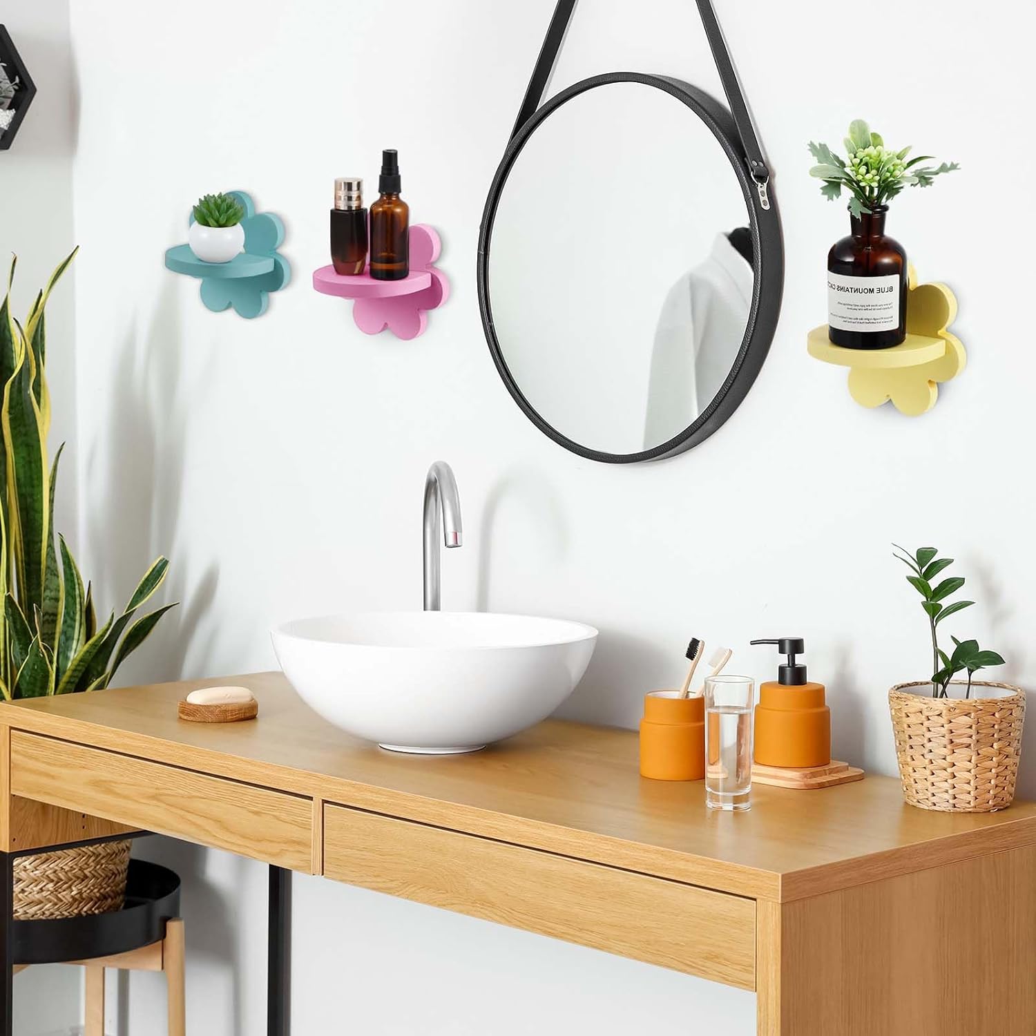 Set of 3 Daisy Flower Floating Shelves â€?Kawaii Boho Wall Decor for Bedroom, Bathroom, Living Room, and Nursery in Yellow, Pink, and Green