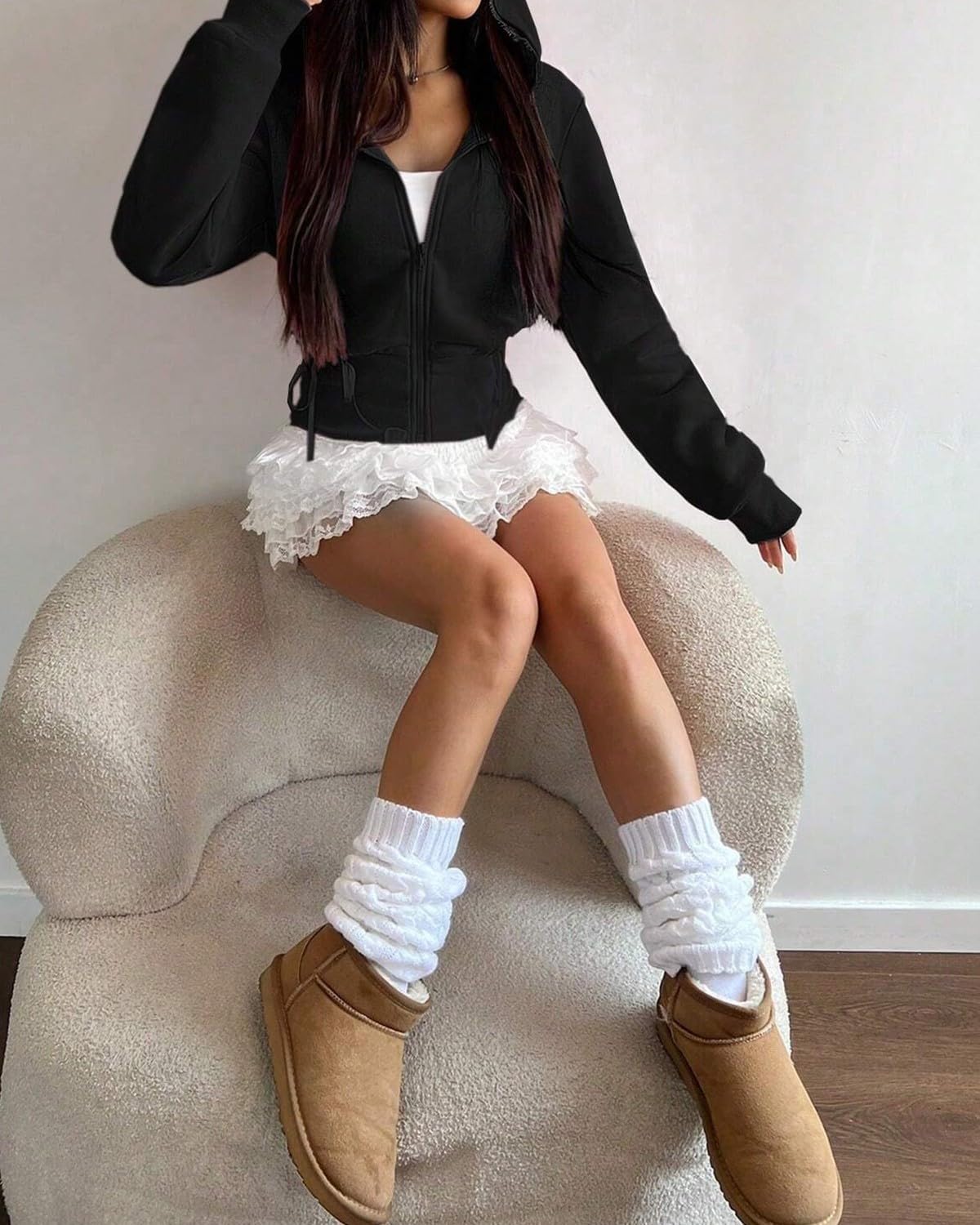 Women's Lace Patchwork Bow Zip-Up Crop Hoodie â€?Y2K Coquette Fleece Casual Hooded Sweatshirt