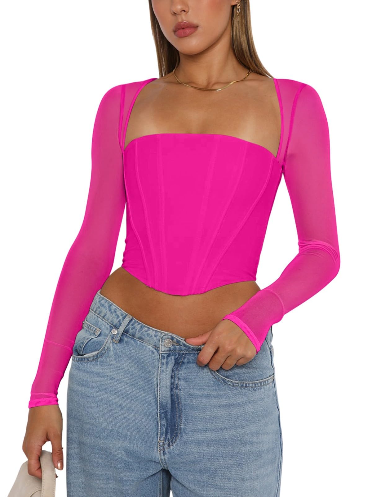 Women's Sexy Sheer Long-Sleeve Corset â€?Y2K Square Neck, Cropped Party Top