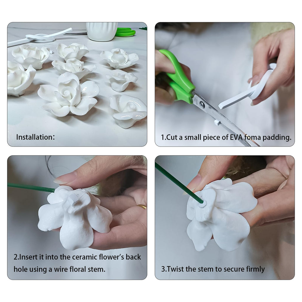 Handmade Ceramic Roses with Vase Set - 8 Artificial Porcelain Flowers and Modern Vase, Non-Fade Wedding Table Centerpiece, Eco-Friendly Home Décor for Living Room, Gift Box Included