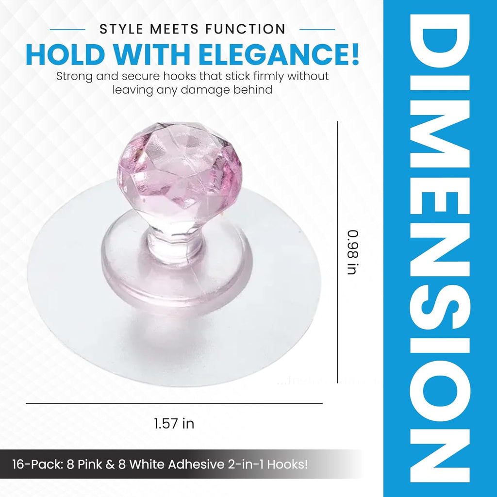 Crystal Diamond Hooks for Hanging Hooks for Walls No Damage Waterproof Towel Hooks for Bathrooms 22lb Capacity 16 Pack (8 White + 8 Pink) Hook for Home Bathroom Kitchen & Outdoor