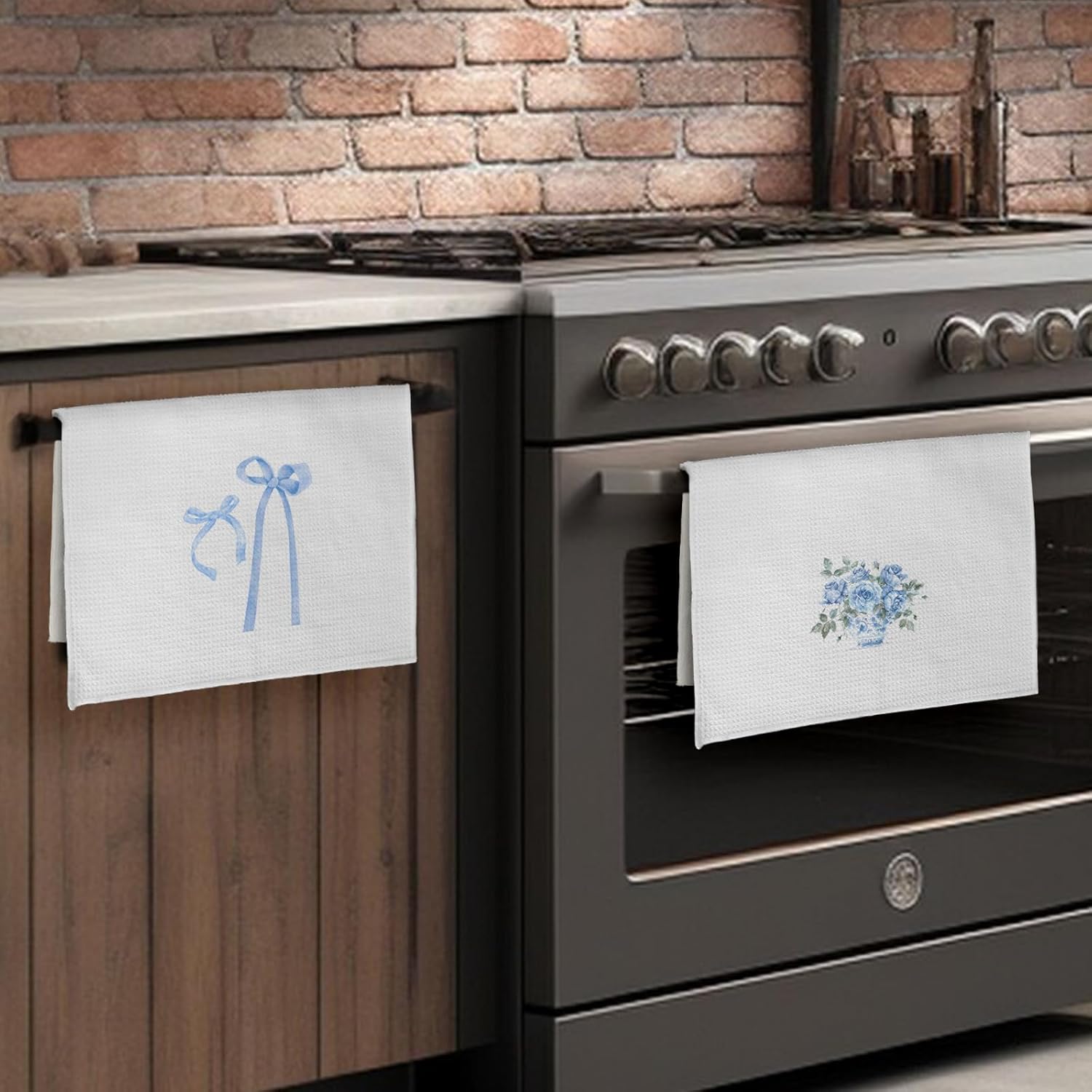 Preppy Blue Bow Floral Kitchen Towels, Bow Decor, 16x24in