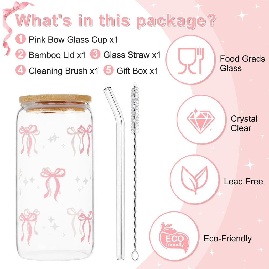 Coquette Black Bow Aesthetic Cup With Gift Box 16oz Glass Cup with Lids Straws and Black Bow Iced Coffee Smoothie Cute Tumbler with Cleaning Brush